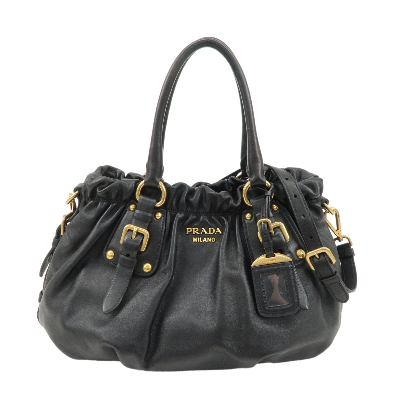 PRADA-Logo-Leather-Gather-2Way-Bag-Shoulder-Bag-Black-NERO