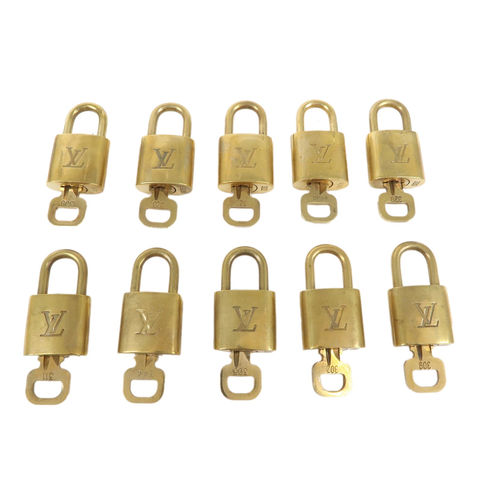 Louis-Vuitton-Set-of-10-Lock-&-Key-Cadena-Key-Lock-Gold