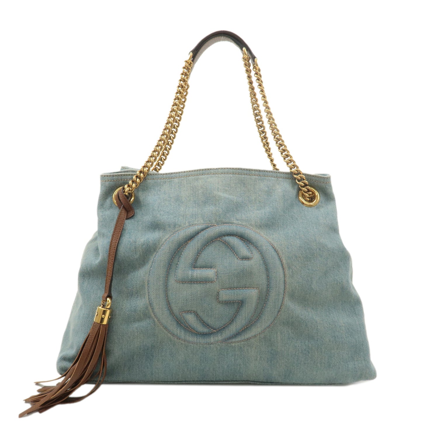 GUCCI SOHO Interlocking G Denim Leather Chain Tote Bag 308982