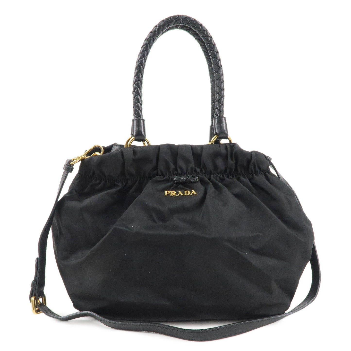 PRADA Nylon Leather Gather 2Way Bag Hand Shoulder Bag Black