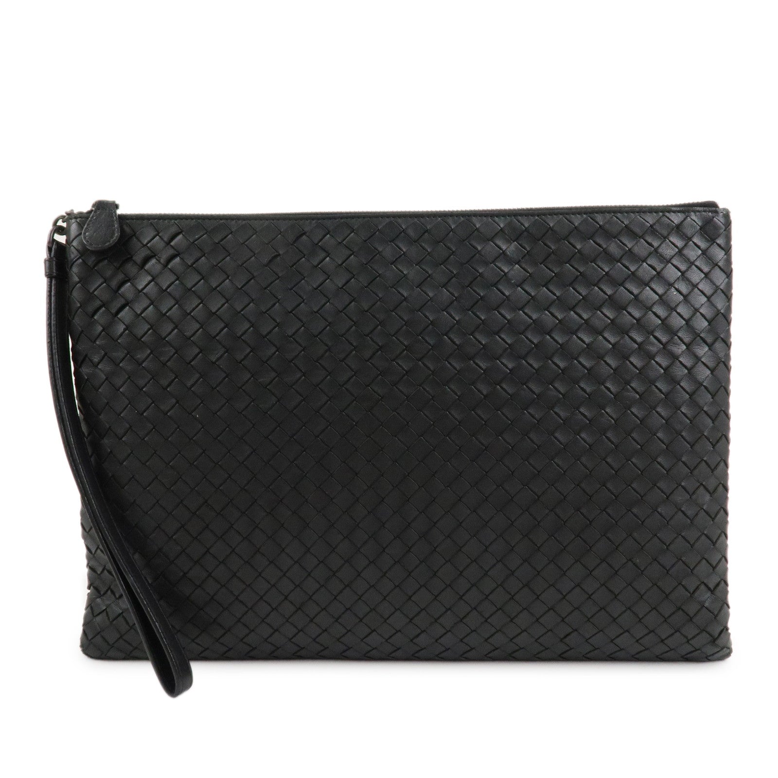 BOTTEGA-VENETA-Intrecciato-Leather-Clutch-Bag-Black