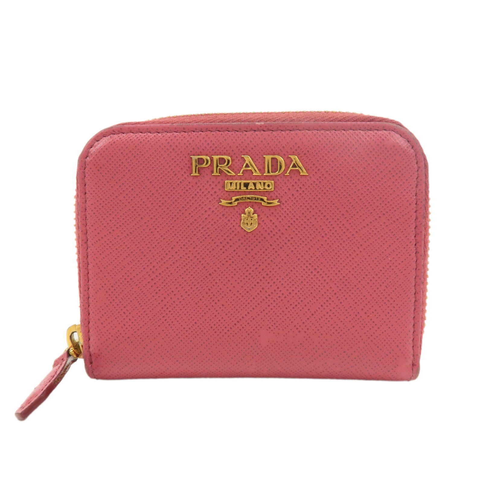 PRADA Logo Saffiano Leather Round Zipper Small Wallet Pink 1MM268