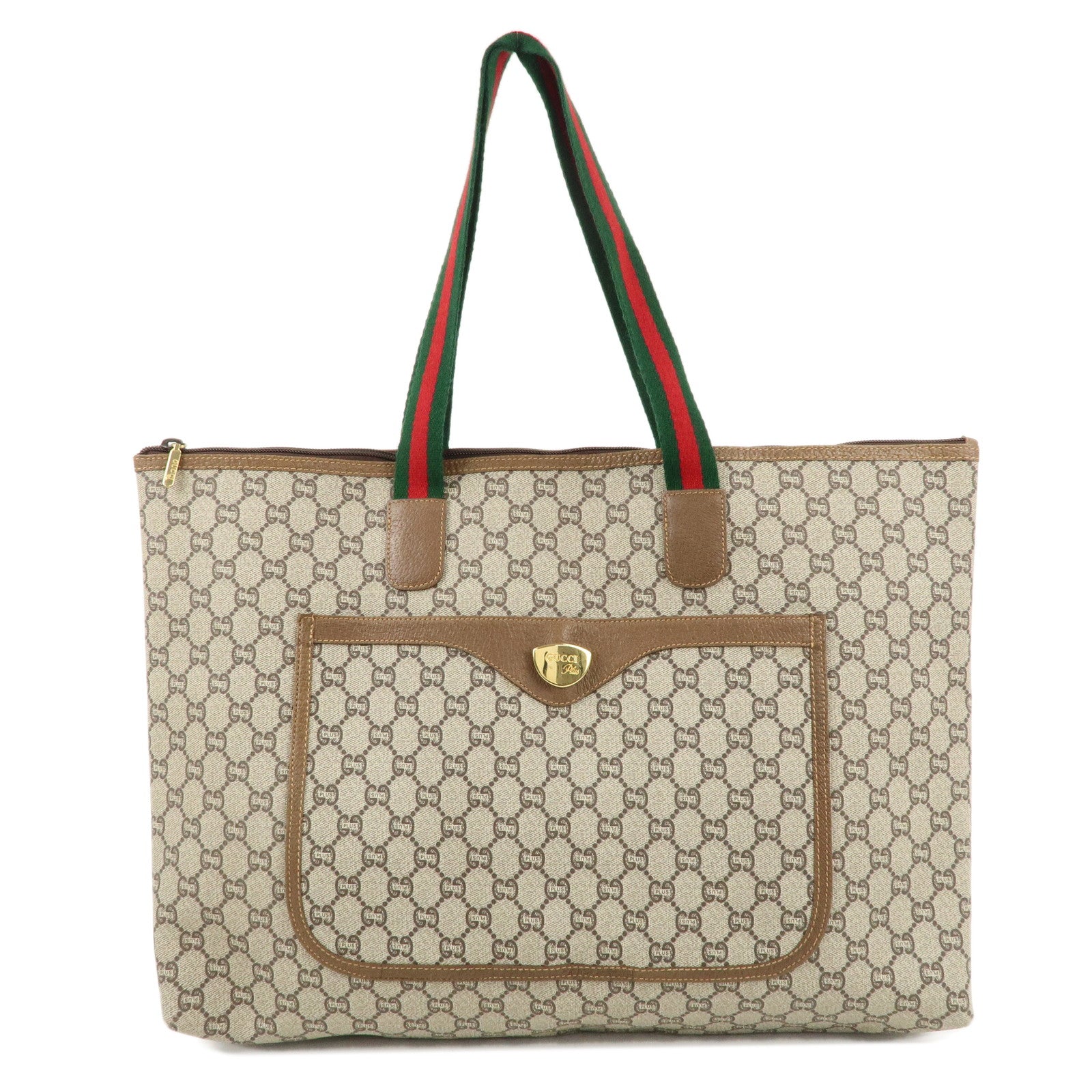 GUCCI-Sherry-GG-Plus-Leather-Tote-Bag-Shoulder-Bag-Beige-Brown