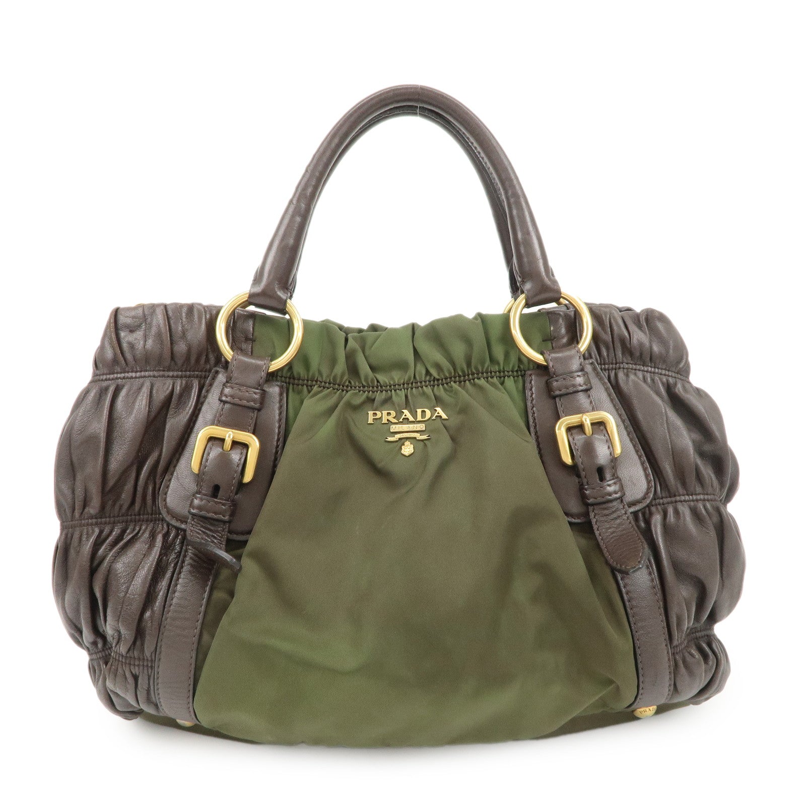 PRADA-Nylon-Leather-Gathered-Hand-Bag-Green-Brown-BN1793