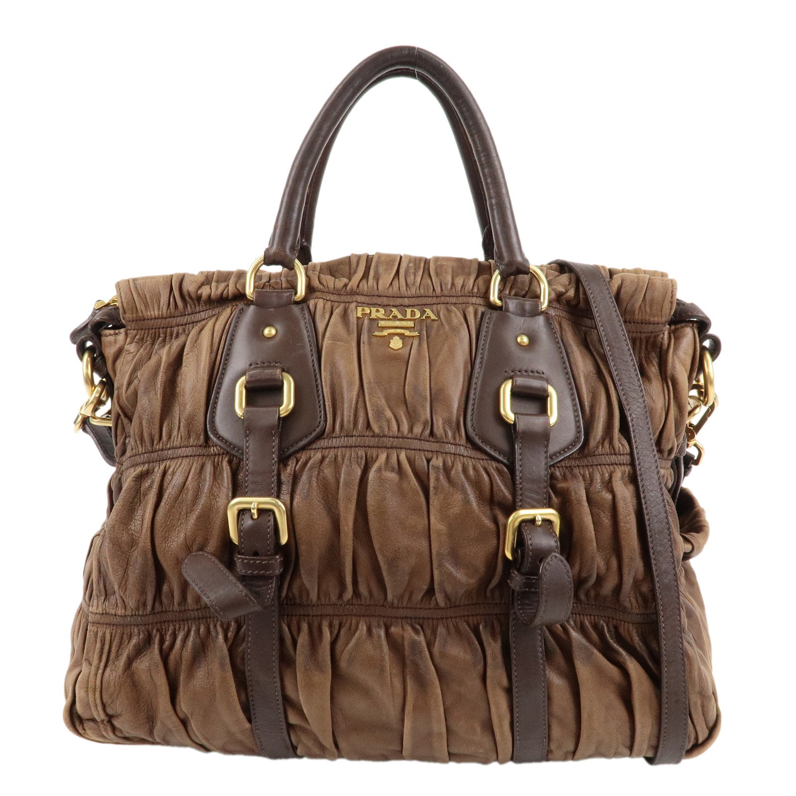 PRADA-Logo-Leather-Gather-2Way-Hand-Bag-Shoulder-Bag-Brown