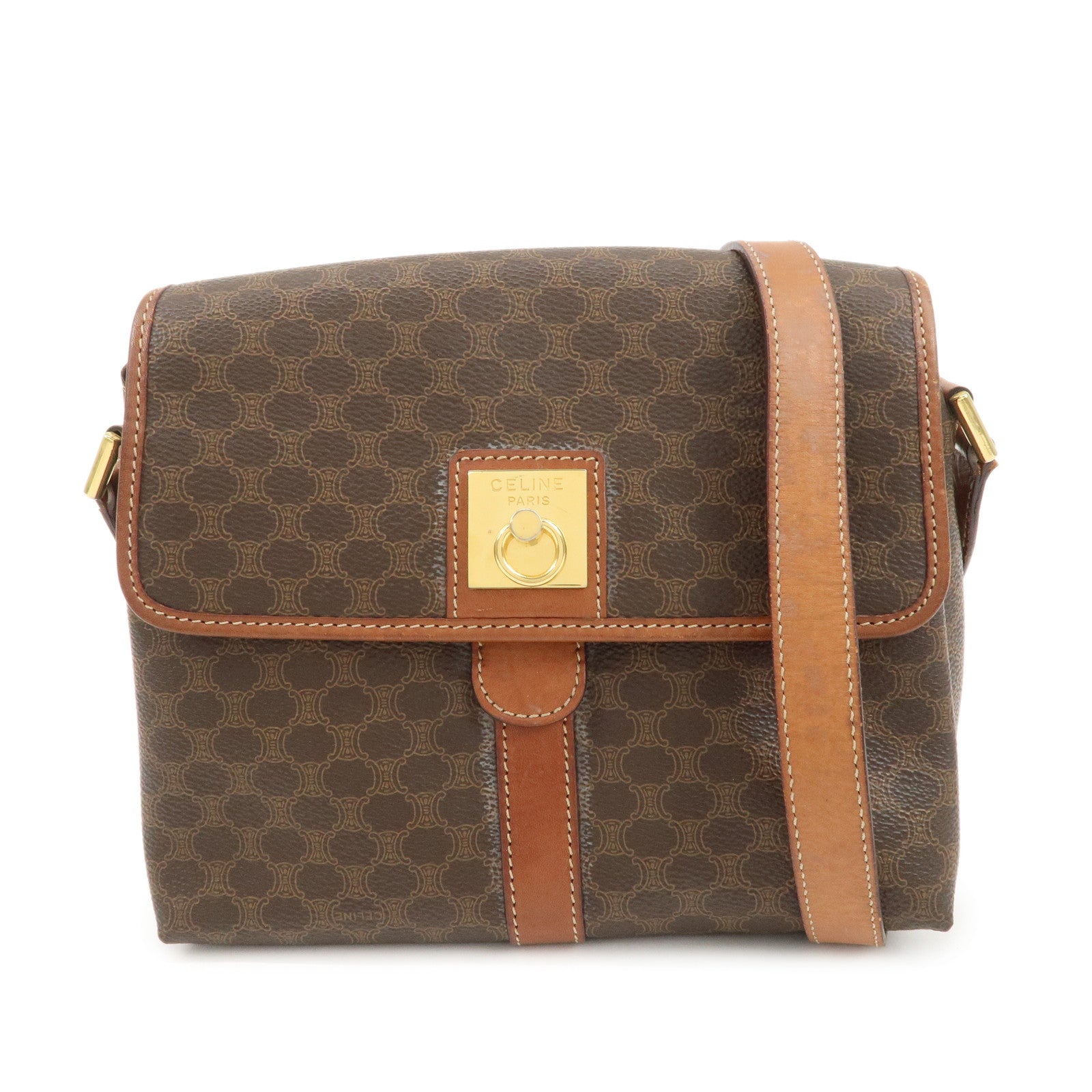 CELINE-Macadam-PVC-Leather-Shoulder-Bag-Brown-Gold-Hardware
