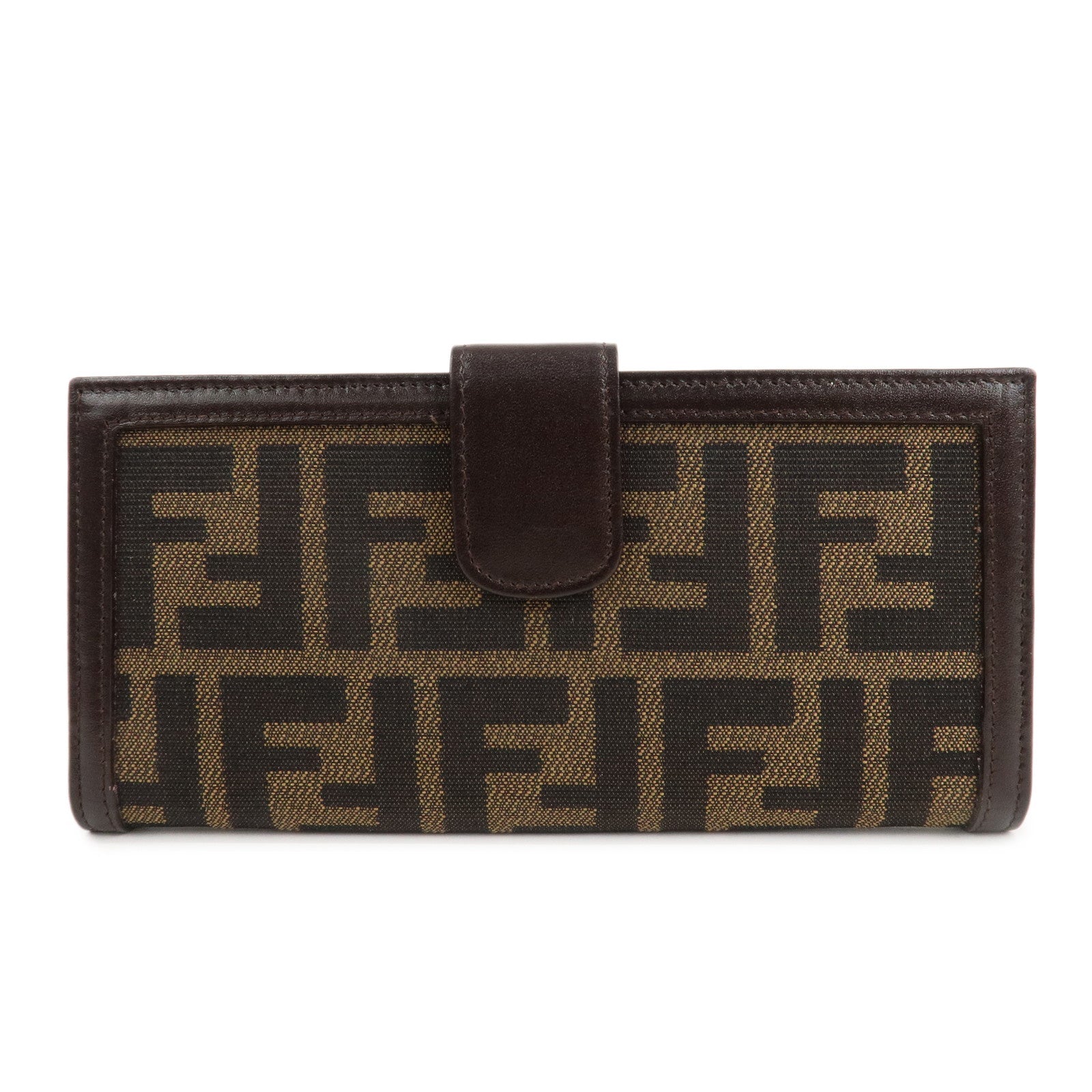 FENDI-Zucca-Canvas-Leather-Bi-fold-Long-Wallet-Brown-Black-1690