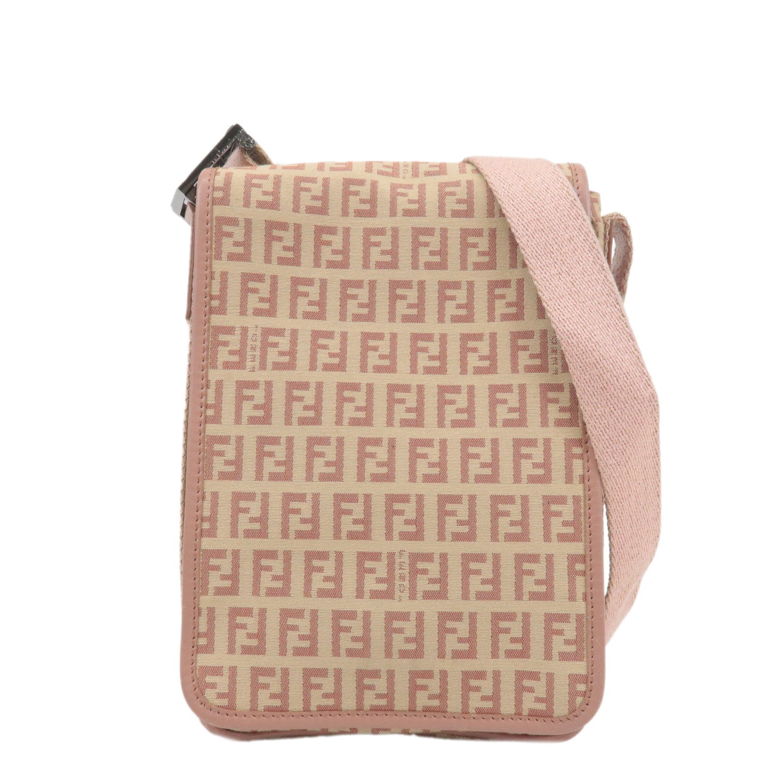 FENDI-Zucchino-Canvas-Leather-Shoulder-Bag-Beige-Pink-8BR323