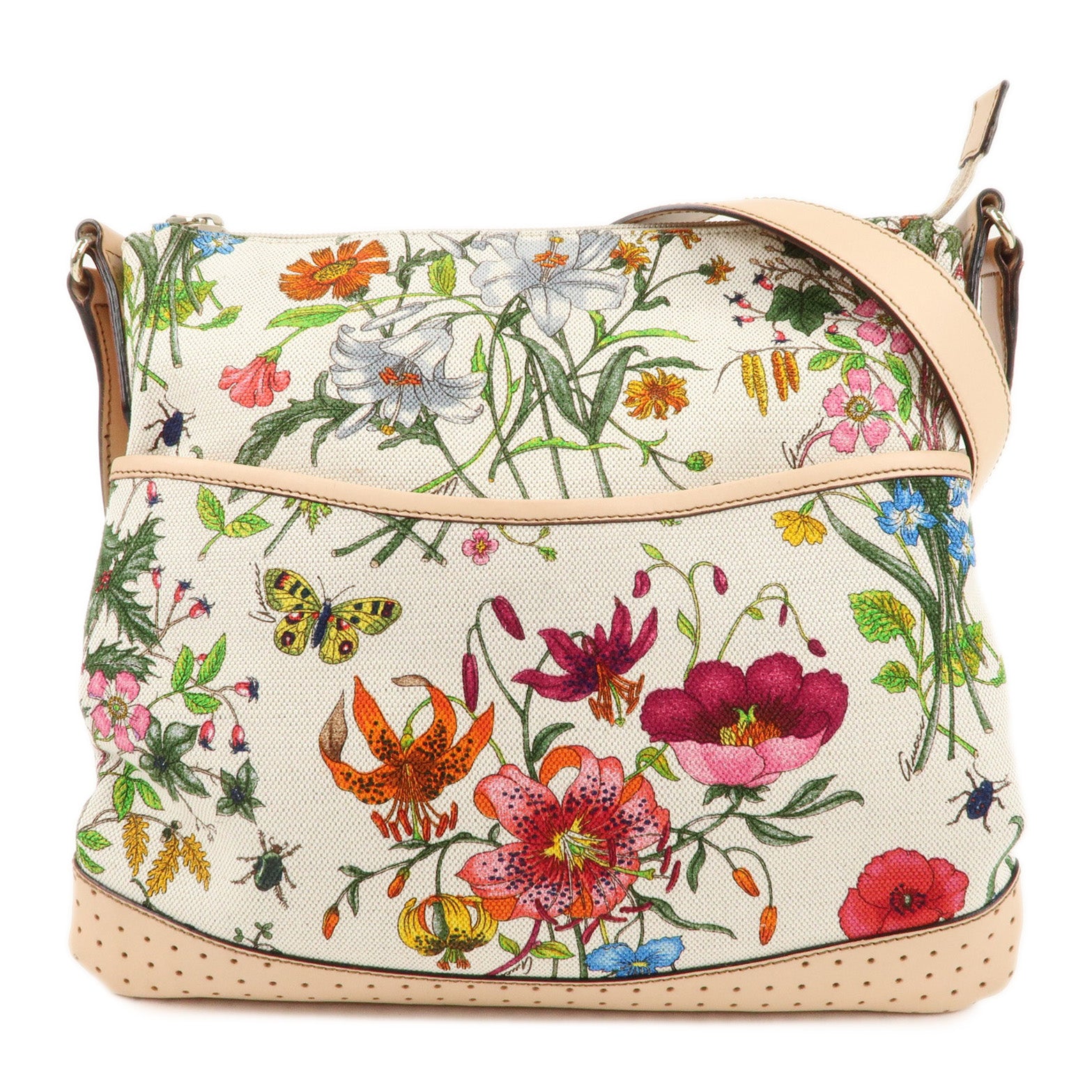 GUCCI-Flora-Canvas-Leather-Shoulder-Bag-Beige-Ivory-145857