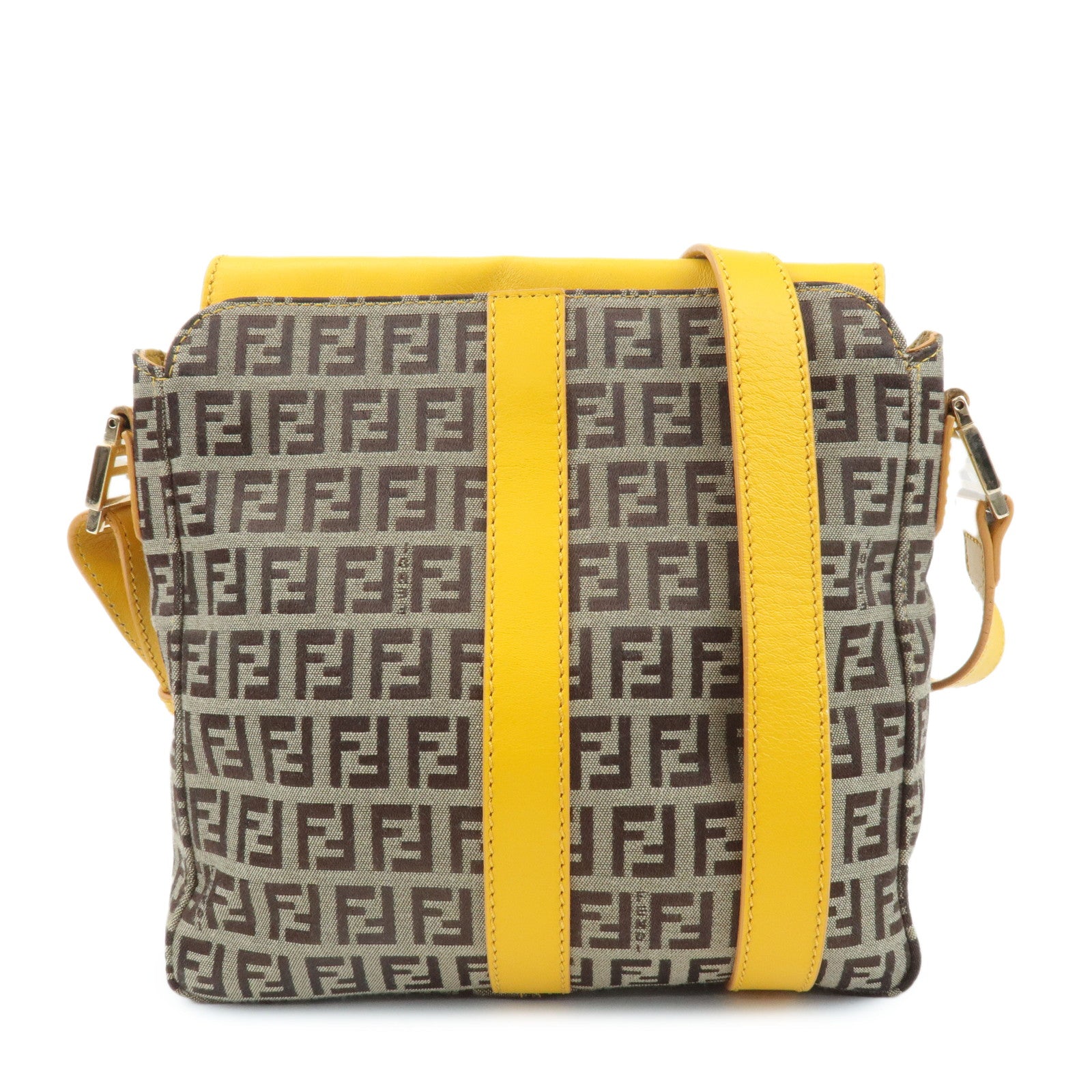 FENDI-Zucchino-Canvas-Leather-Shoulder-Bag-BrownYellow-8BT175