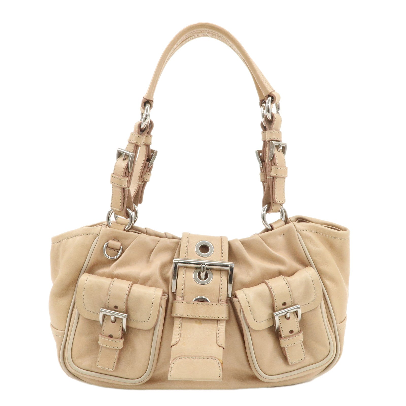 PRADA-Leather-Shoulder-Bag-Hand-Bag-Beige-Silver-HDW-BR2888