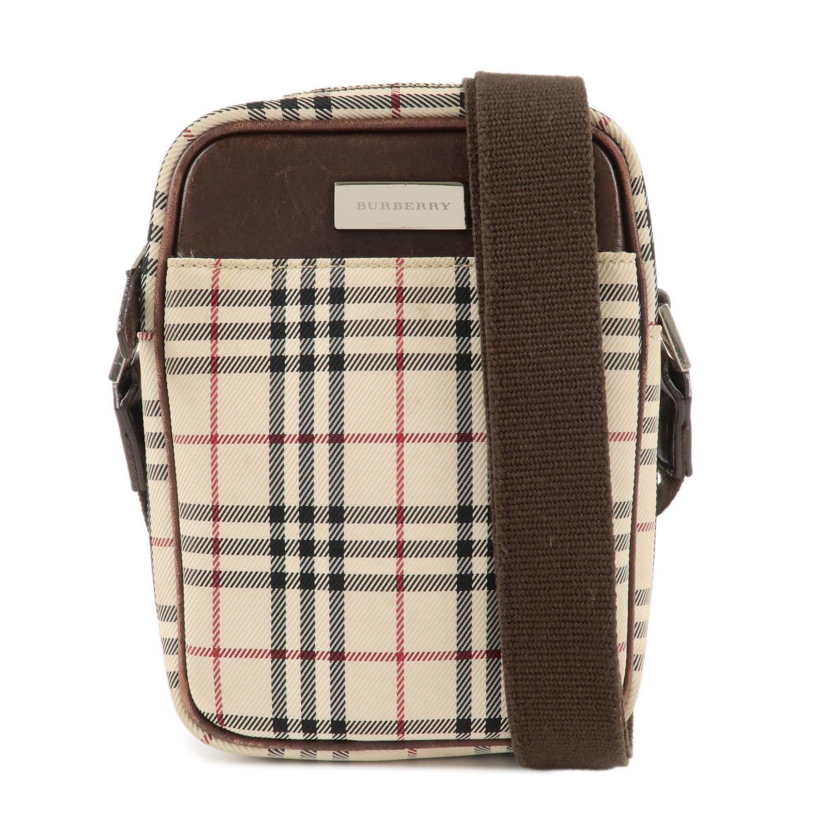 BURBERRY-Nylon-Leather-Nova-Plaid-Shoulder-Bag-Beige-Brown