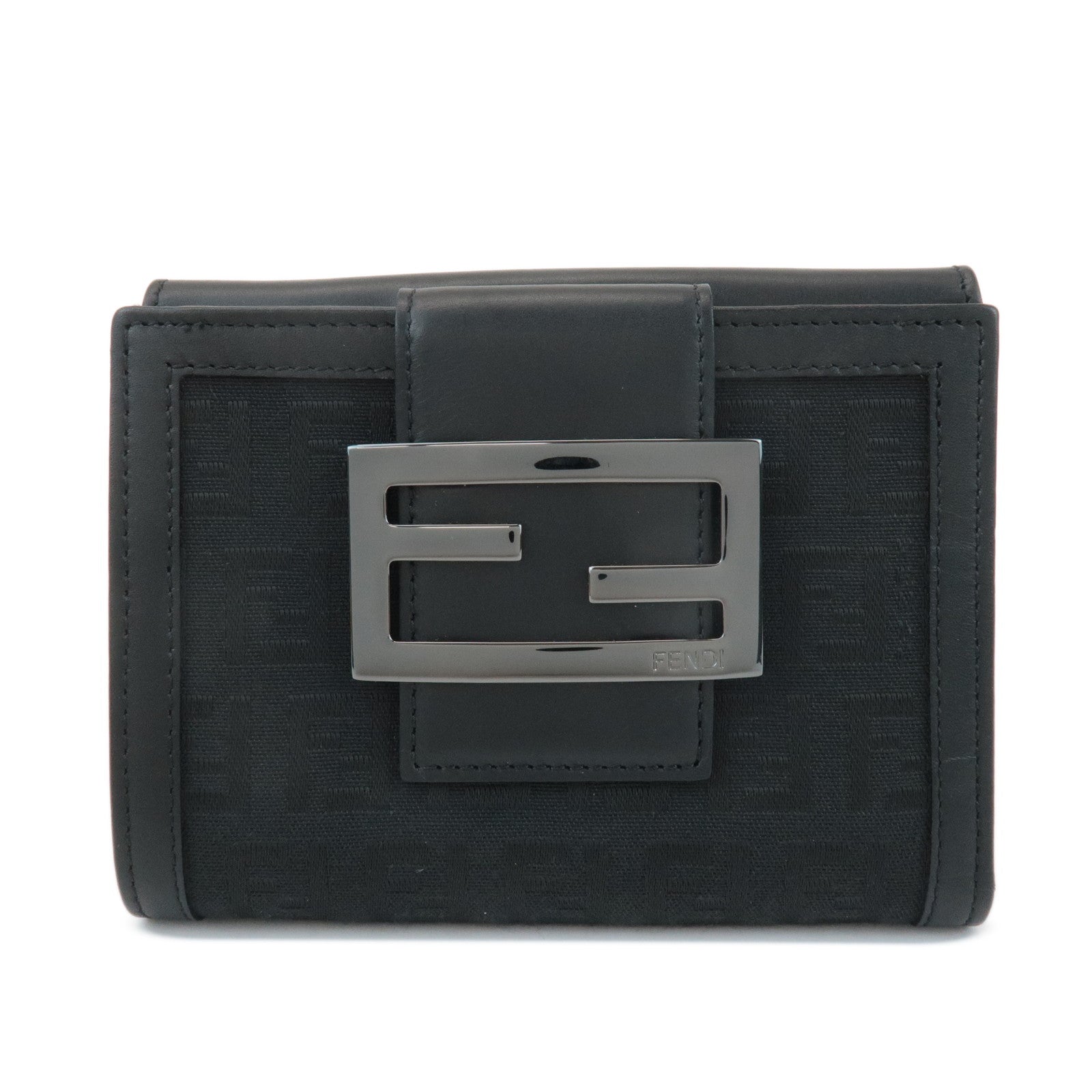 FENDI-Zucchino-Canvas-Leather-Double-Hook-Wallet-Black-8M0035