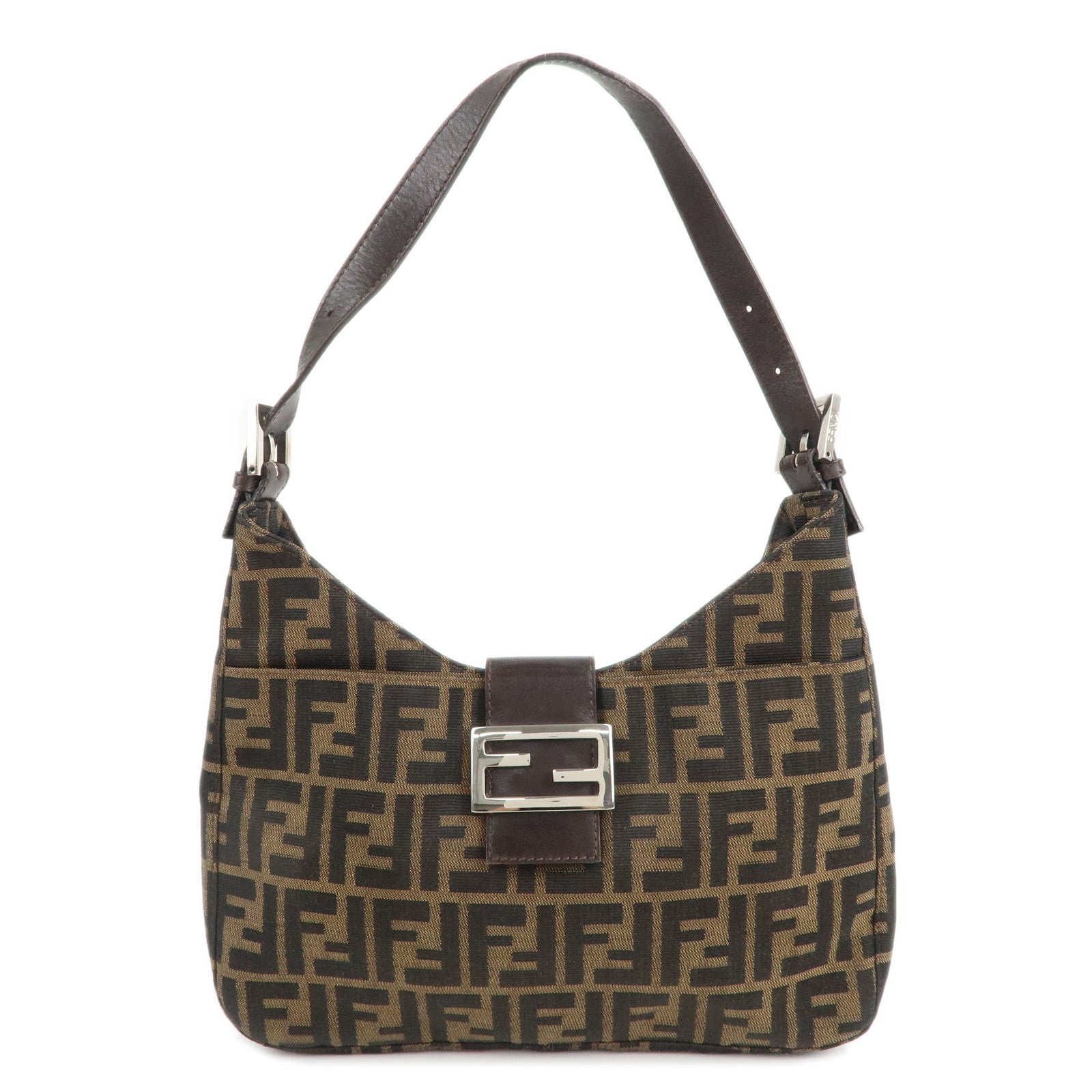 FENDI-Zucca-Canvas-Leather-Shoulder-Bag-Brown-Black-26596