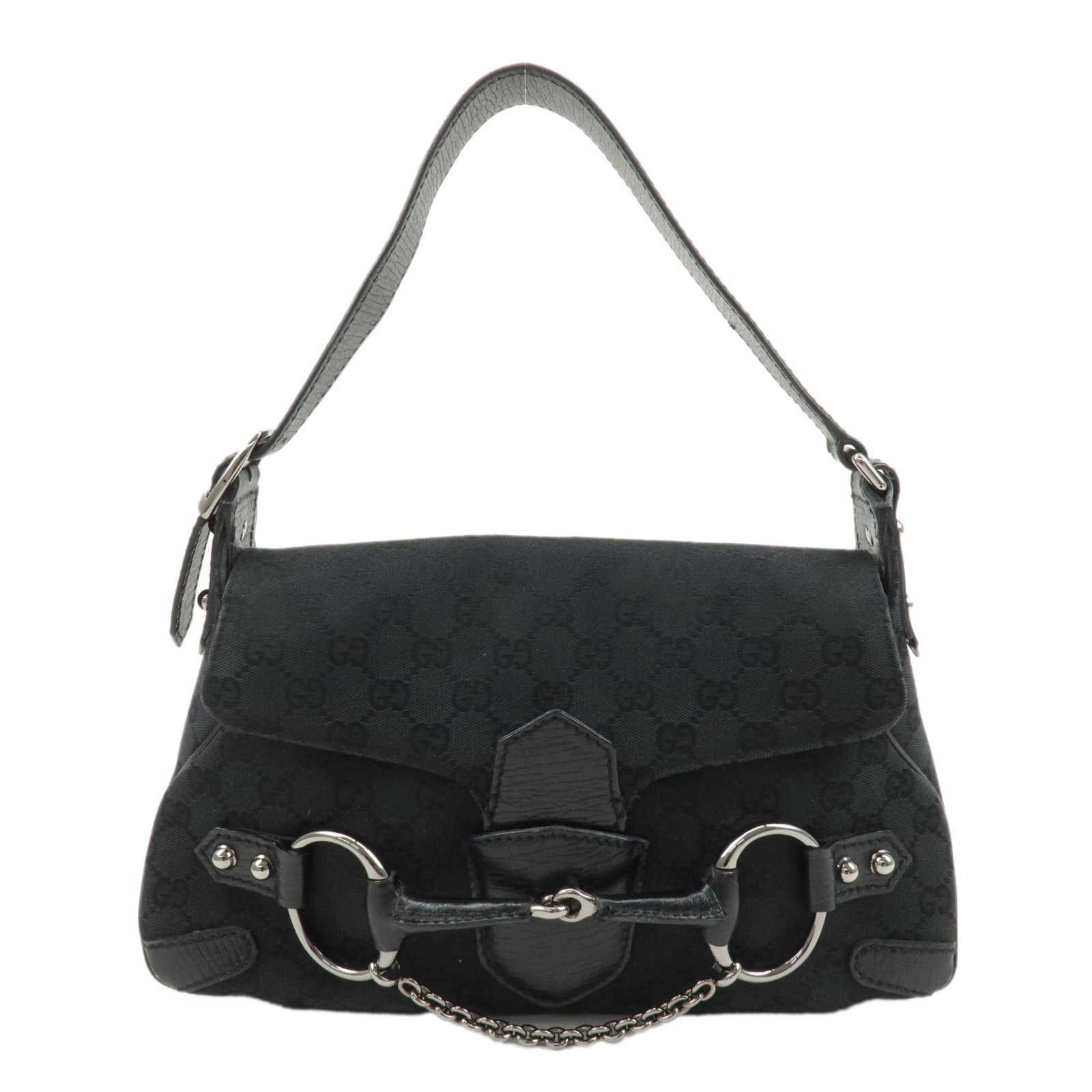 GUCCI Horsebit GG Canvas Leather Shoulder Bag Black 114915