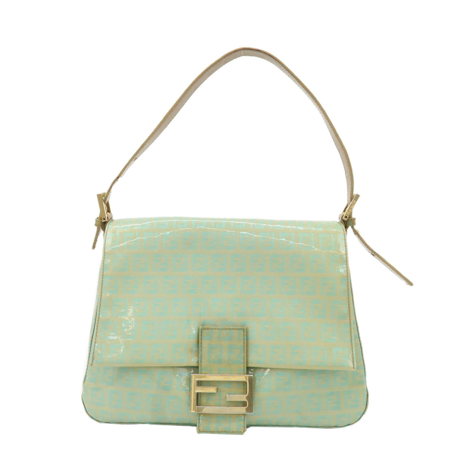 FENDI-Zucchino-Patent-Leather-Shoulder-bag-Beige-Light-Green