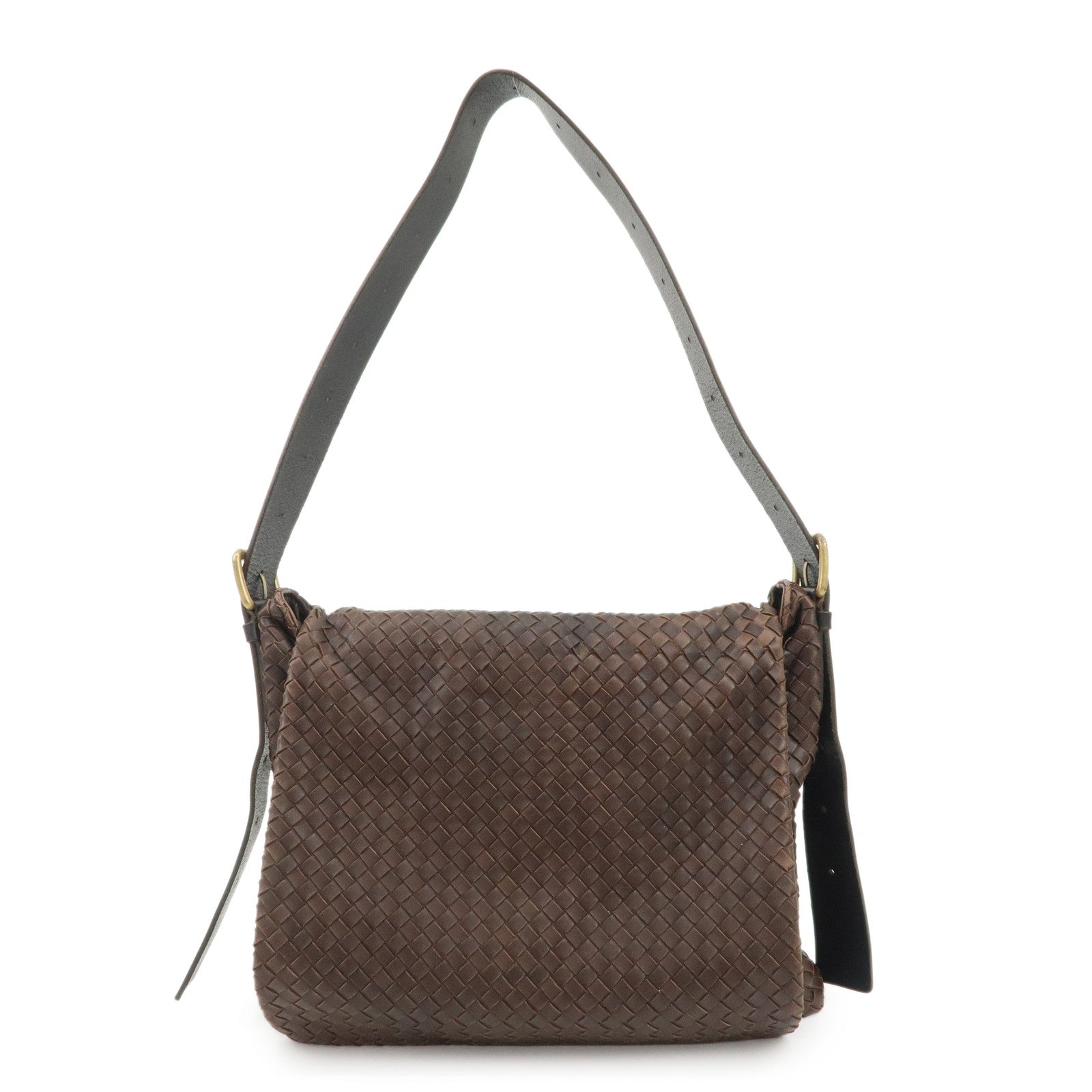 BOTTEGA-VENETA-Intrecciato-Leather-Shoulder-Bag-Dark-Brown-BlackUsed-F/S