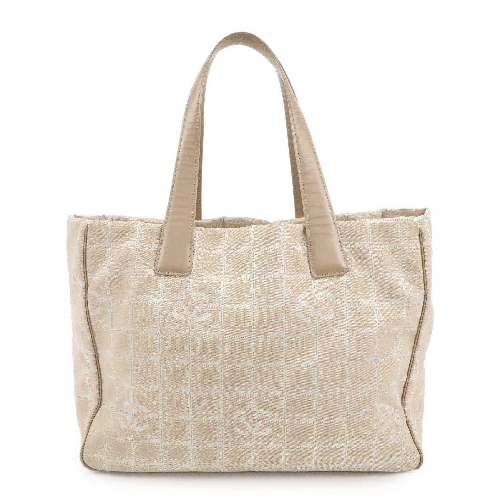 CHANEL-Travel-Line-Nylon-Jacquard-Leather-Tote-Bag-Beige-A15991