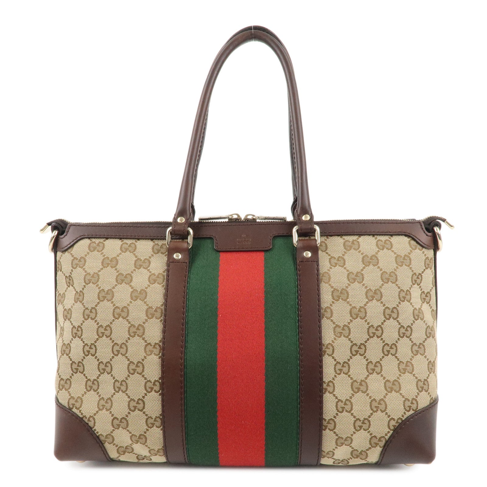 GUCCI-Sherry-GG-Canvas-Leather-Tote-Bag-Hand-Bag-257341