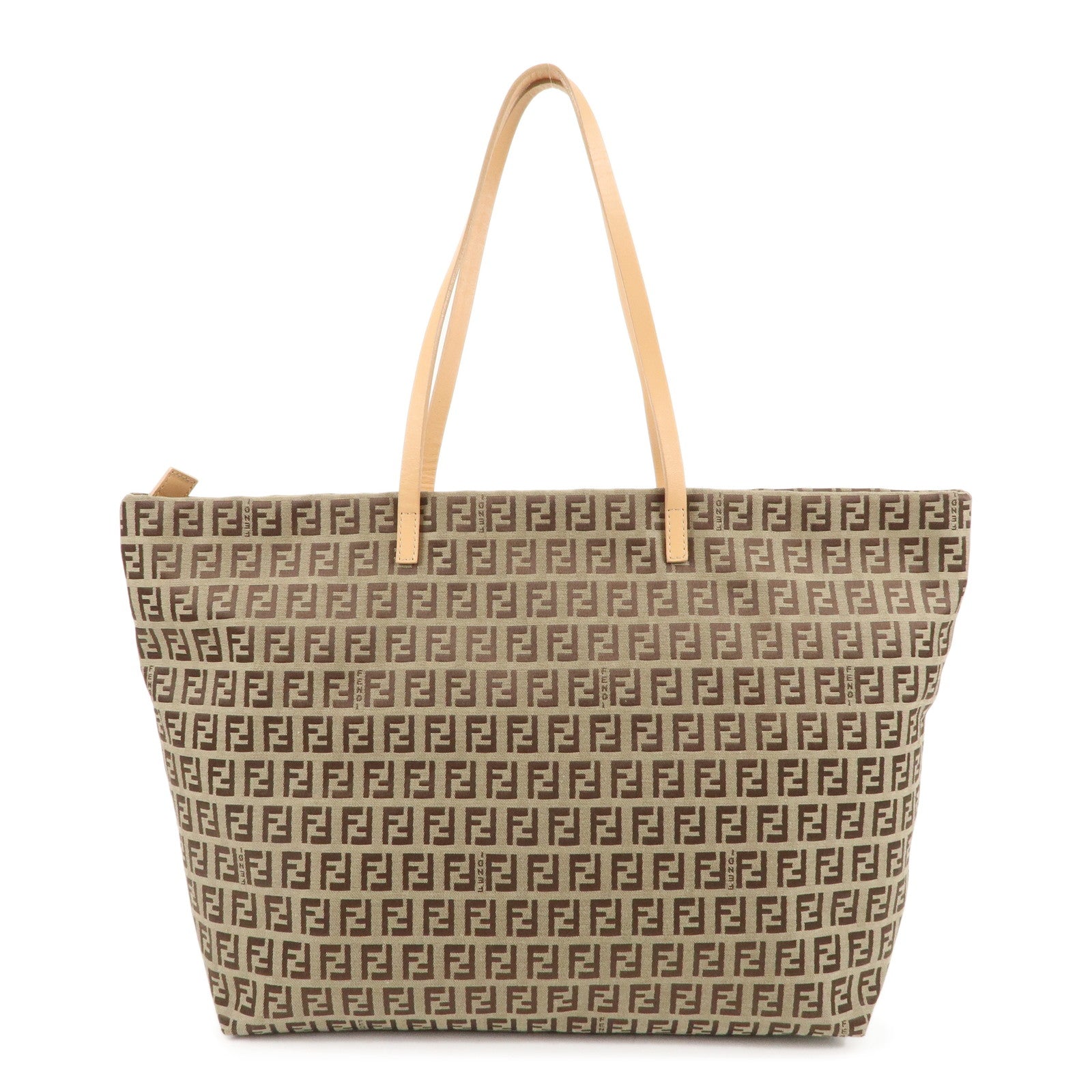 FENDI-Zucchino-Canvas-Leather-Tote-Bag-Beige-Brown