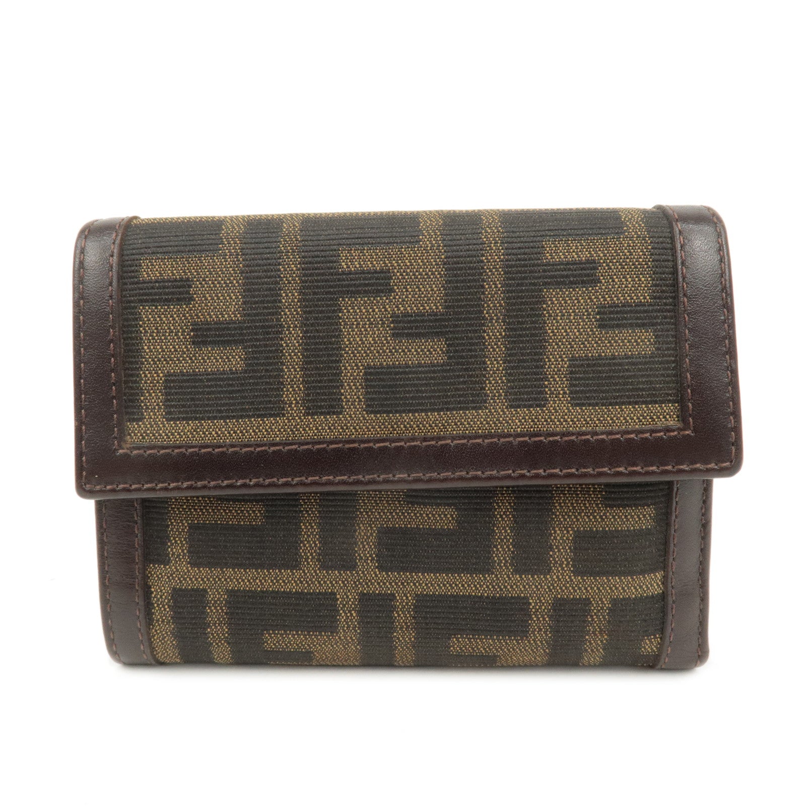 FENDI-Zucca-Canvas-Leather-Hook-Tri-fold-Wallet-Brown-30729