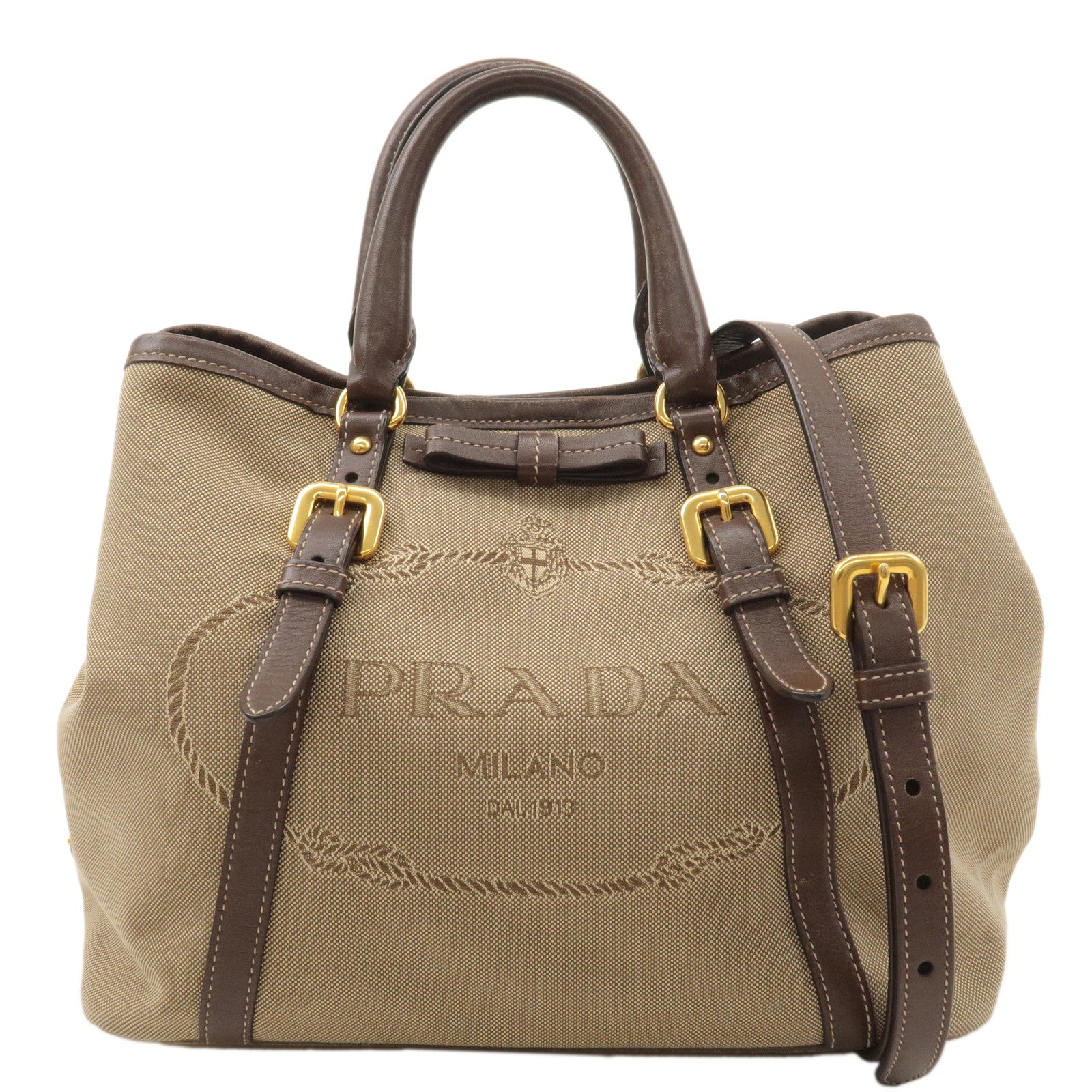 PRADA Logo Jacquard Leather 2Way Bag Hand Bag Beige Brown BN1841