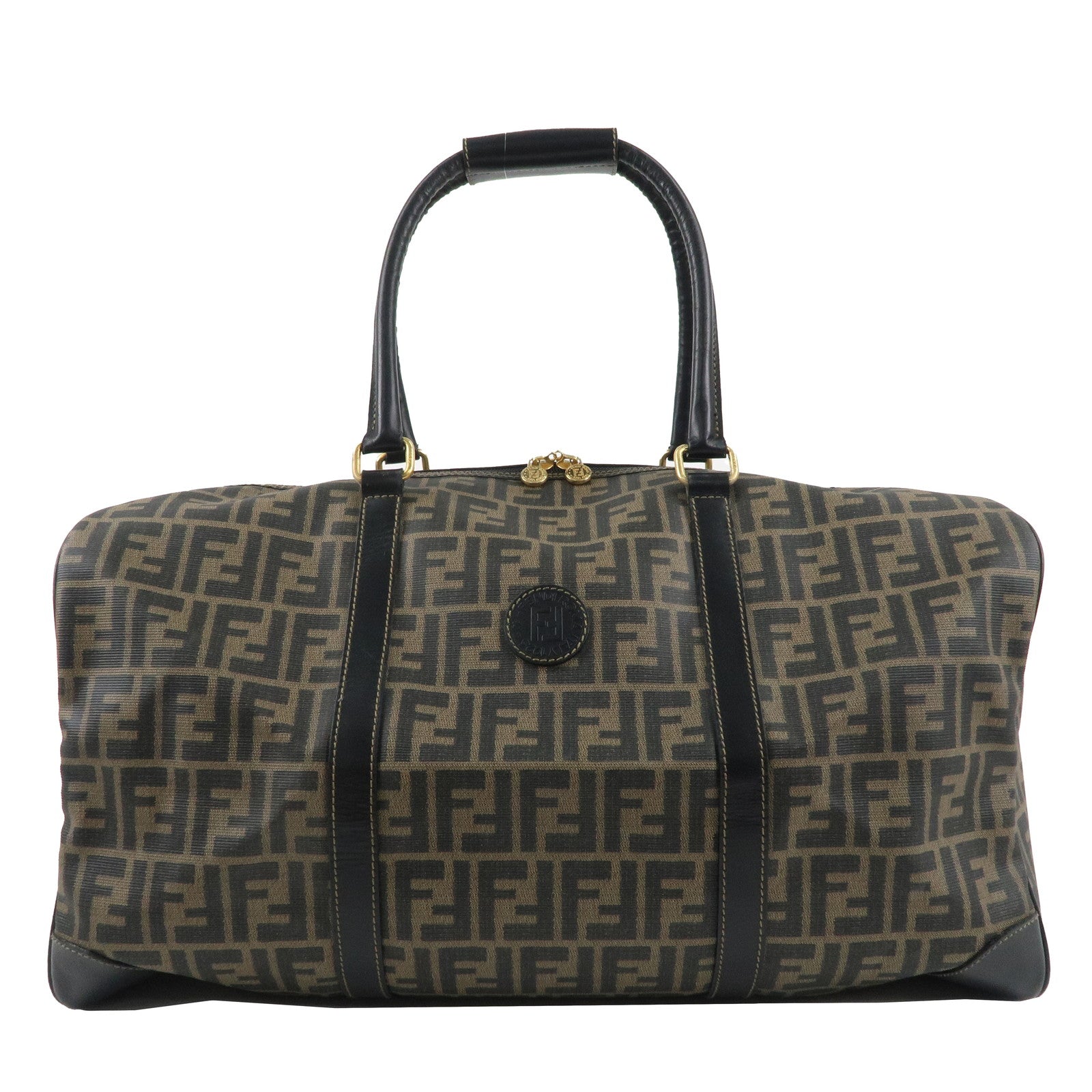 FENDI-Zucca-Logo-Print-PVC-Leather-Boston-Bag-Brown-Black