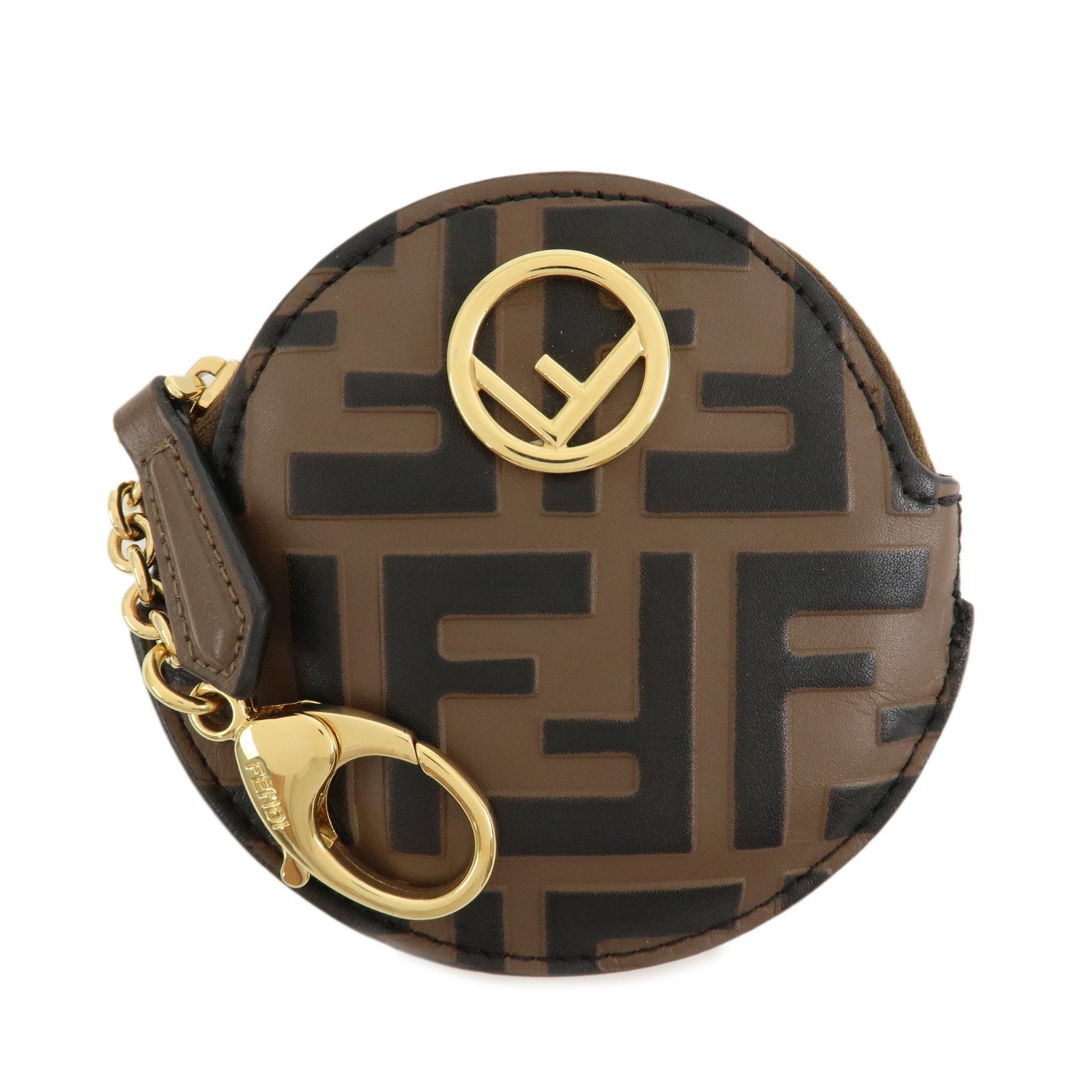 FENDI-Zucca-Leather-F's-Key-Case-Coin-Case-Brown-Black-8M0444