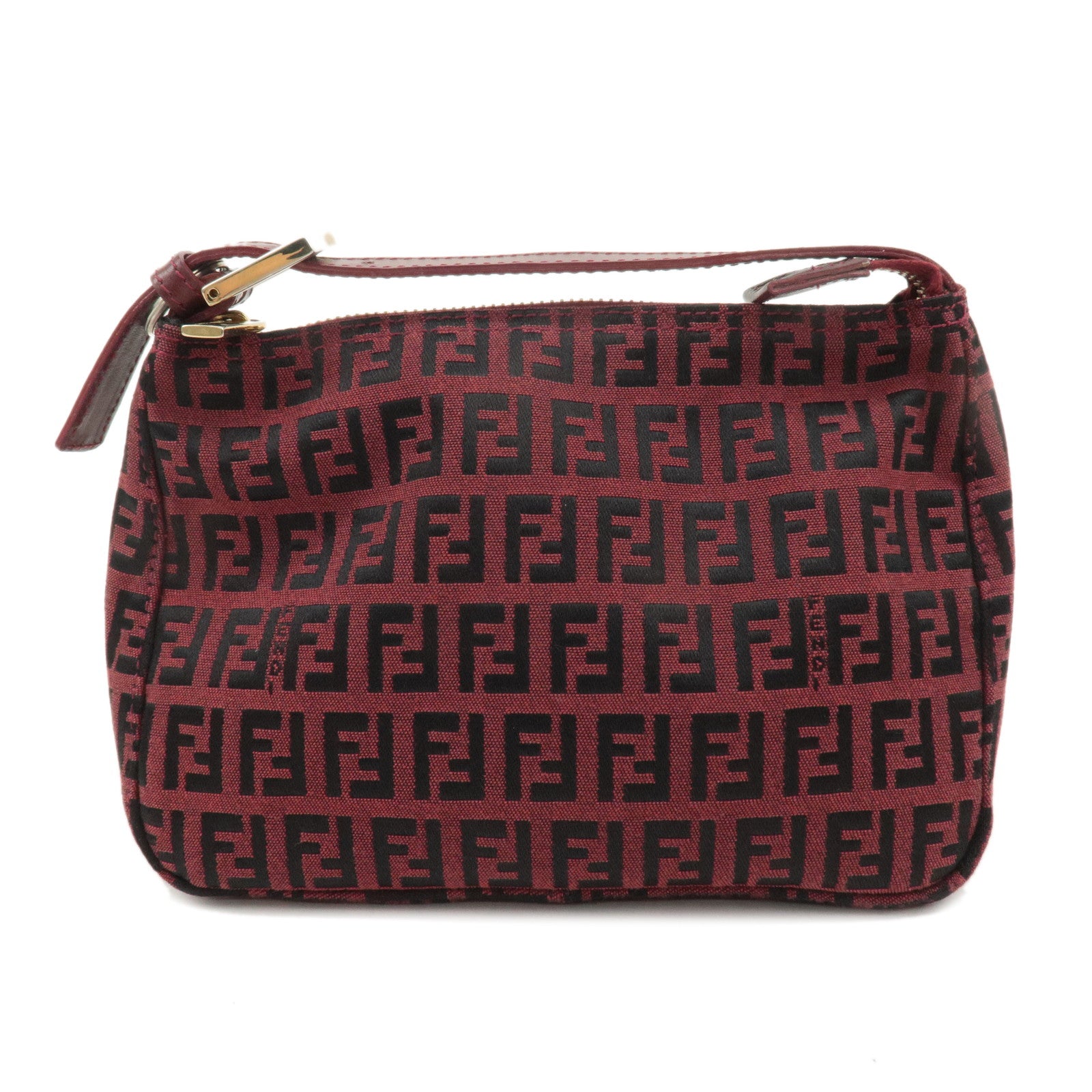 FENDI-Zucchino-Canvas-Leather-Pouch-Hand-Bag-Red-Black-8N0001