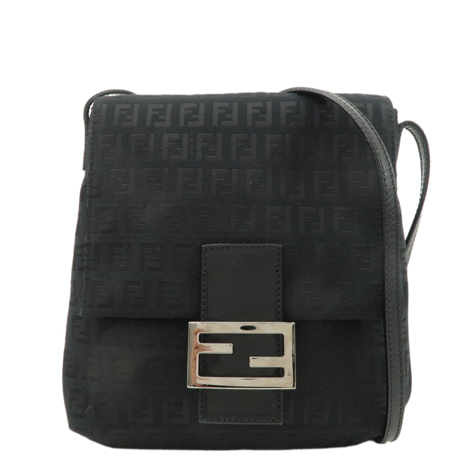 FENDI-Zucchino-Canvas-Leather-Shoulder-Bag-Black-8BT075