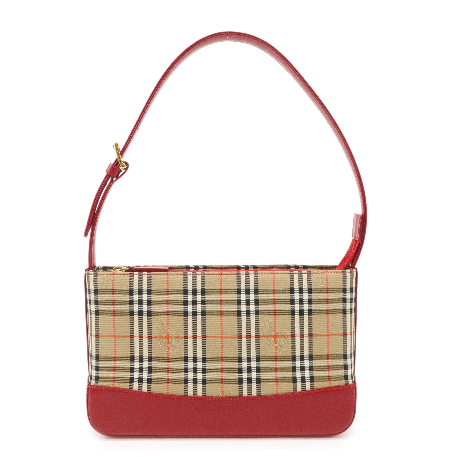 BURBERRY-Nova-Plaid-Canvas-Leather-Shoulder-Bag-Hand-Bag-Red