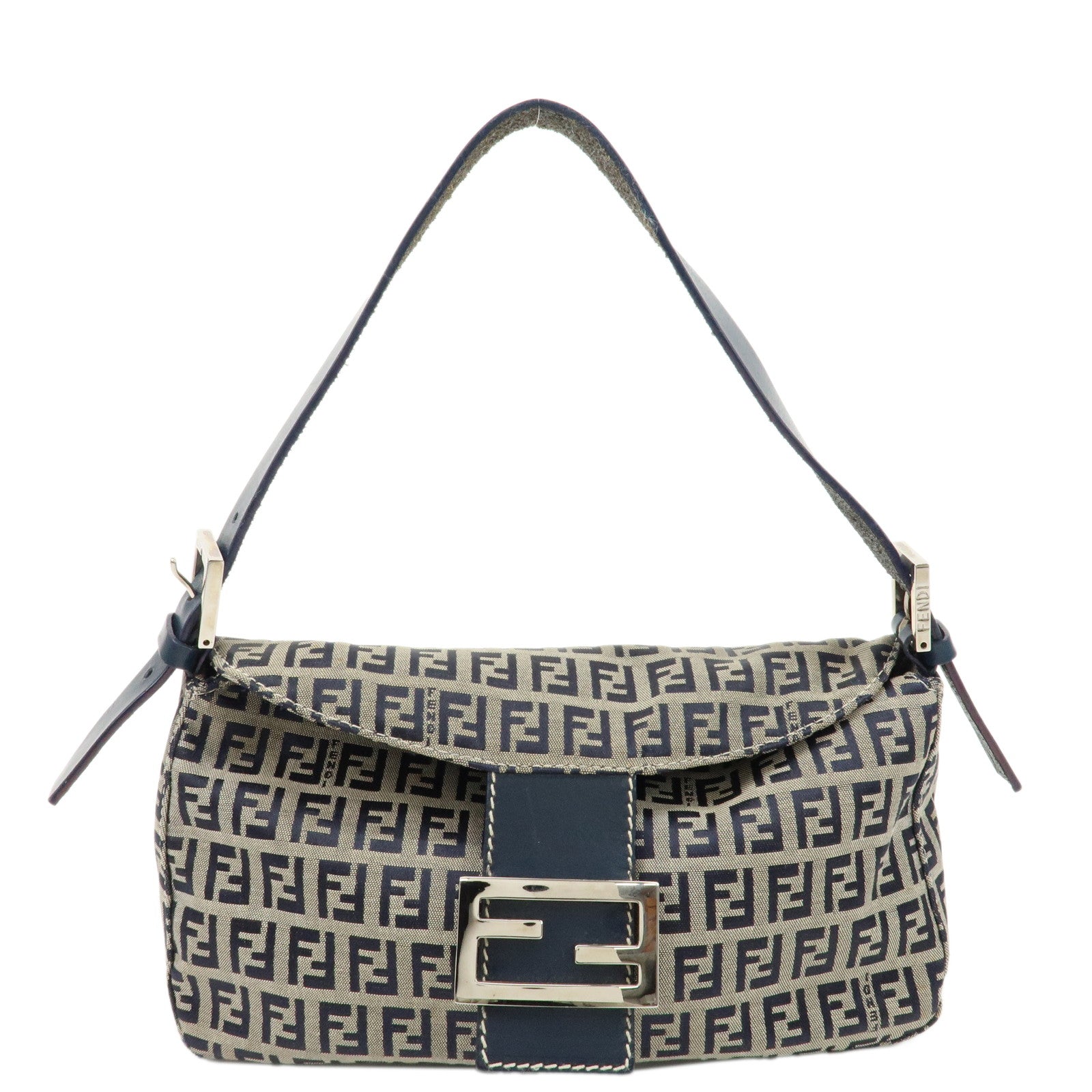 FENDI-Zucchino-Canvas-Leather-Shoulder-Bag-Navy-Silver-HDW-26725