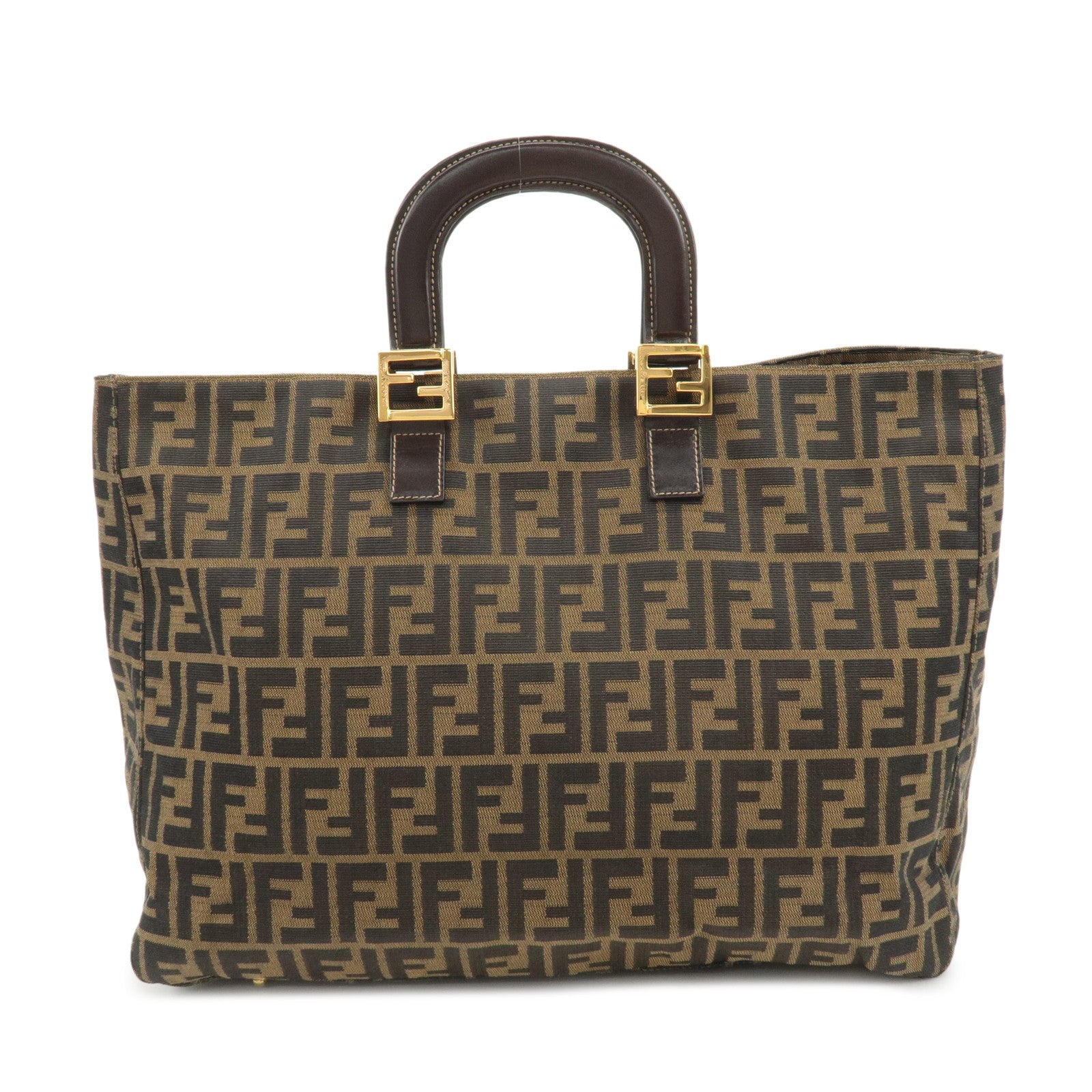 FENDI-Zucca-Canvas-Leather-Tote-Bag-Hand-Bag-Brown-Black