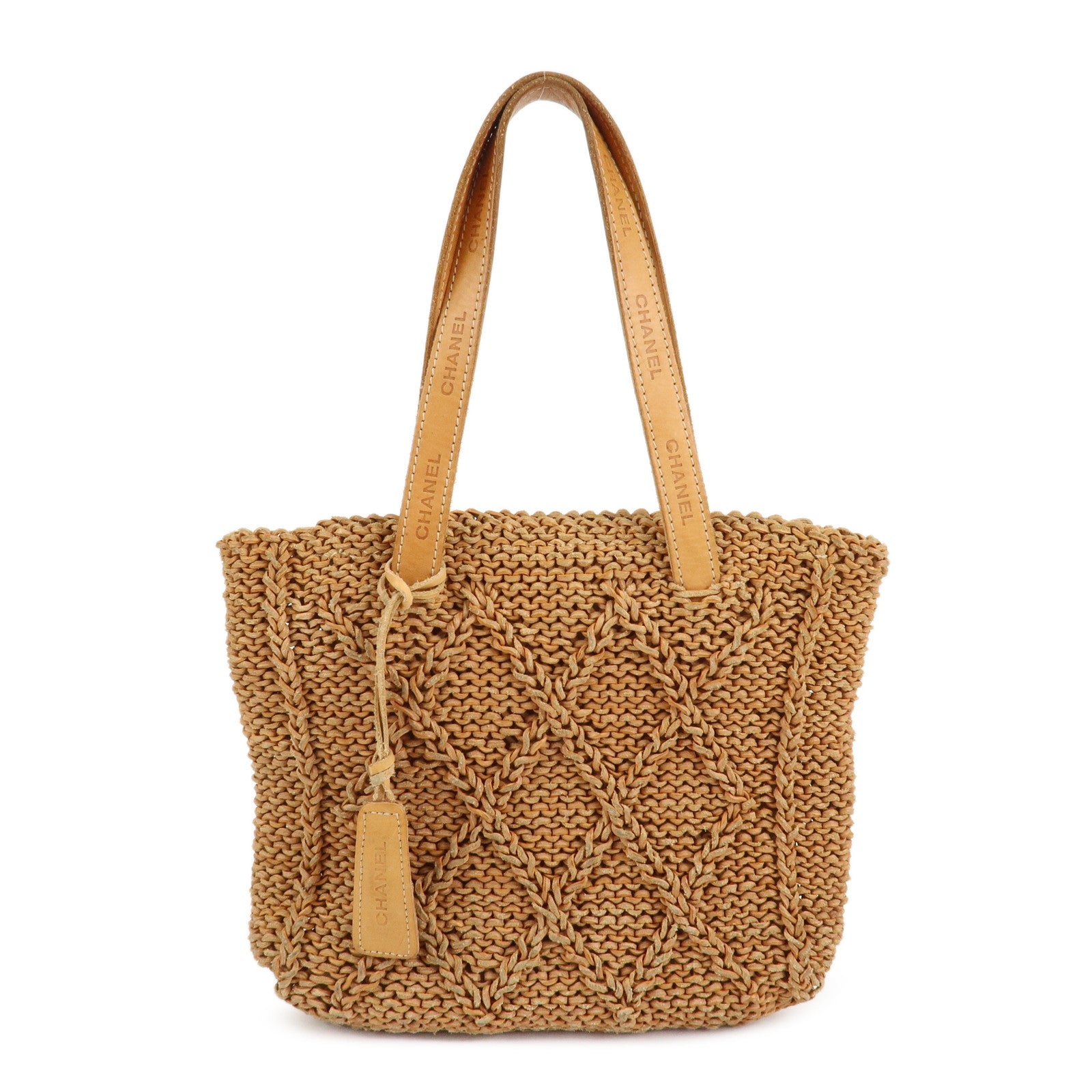 CHANEL-Leather-Braided-Tote-Bag-Hand-Bag-Shoulder-Bag-Beige