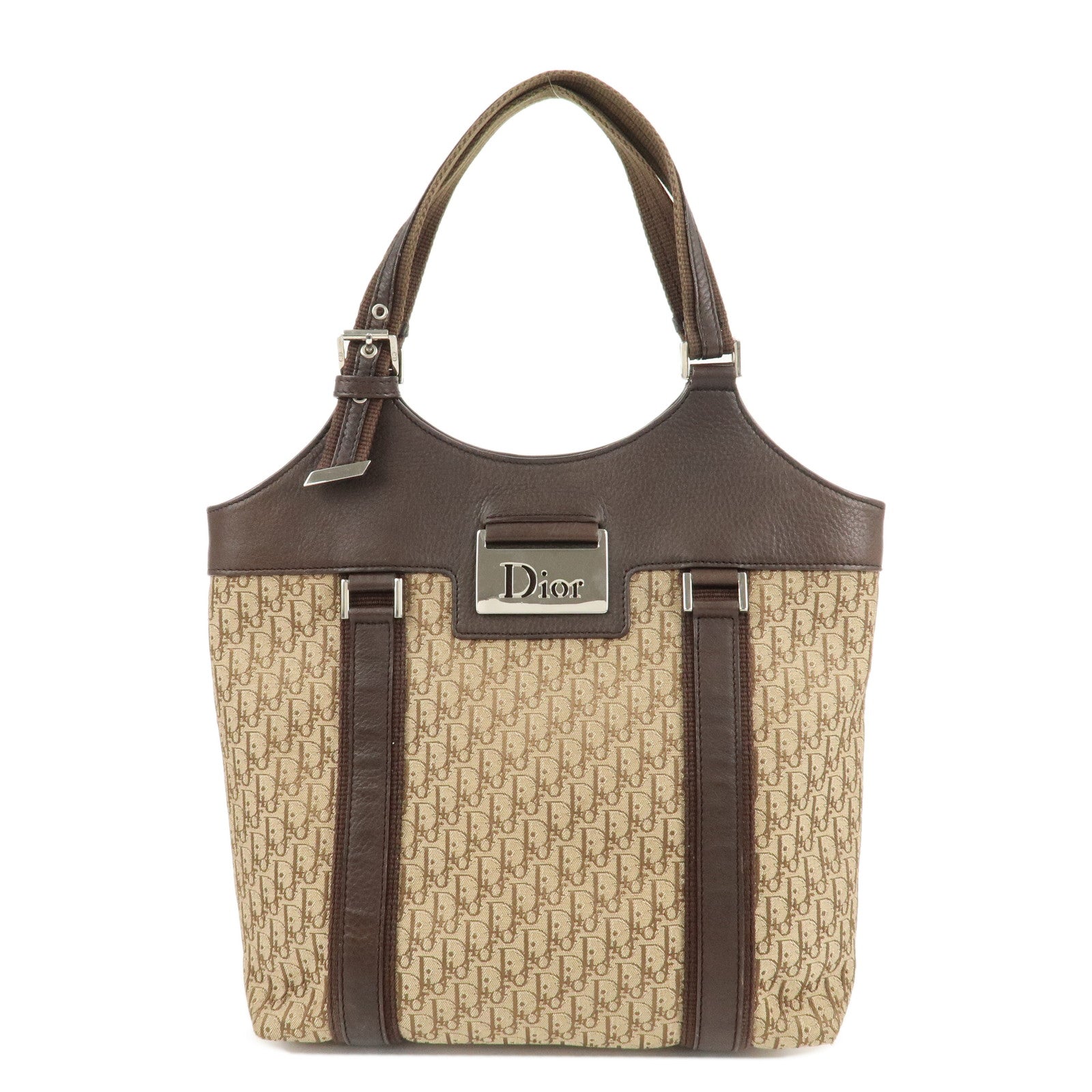 Christian-Dior-Trotter-Canvas-Leather-Tote-Bag-Hand-Bag-Brown