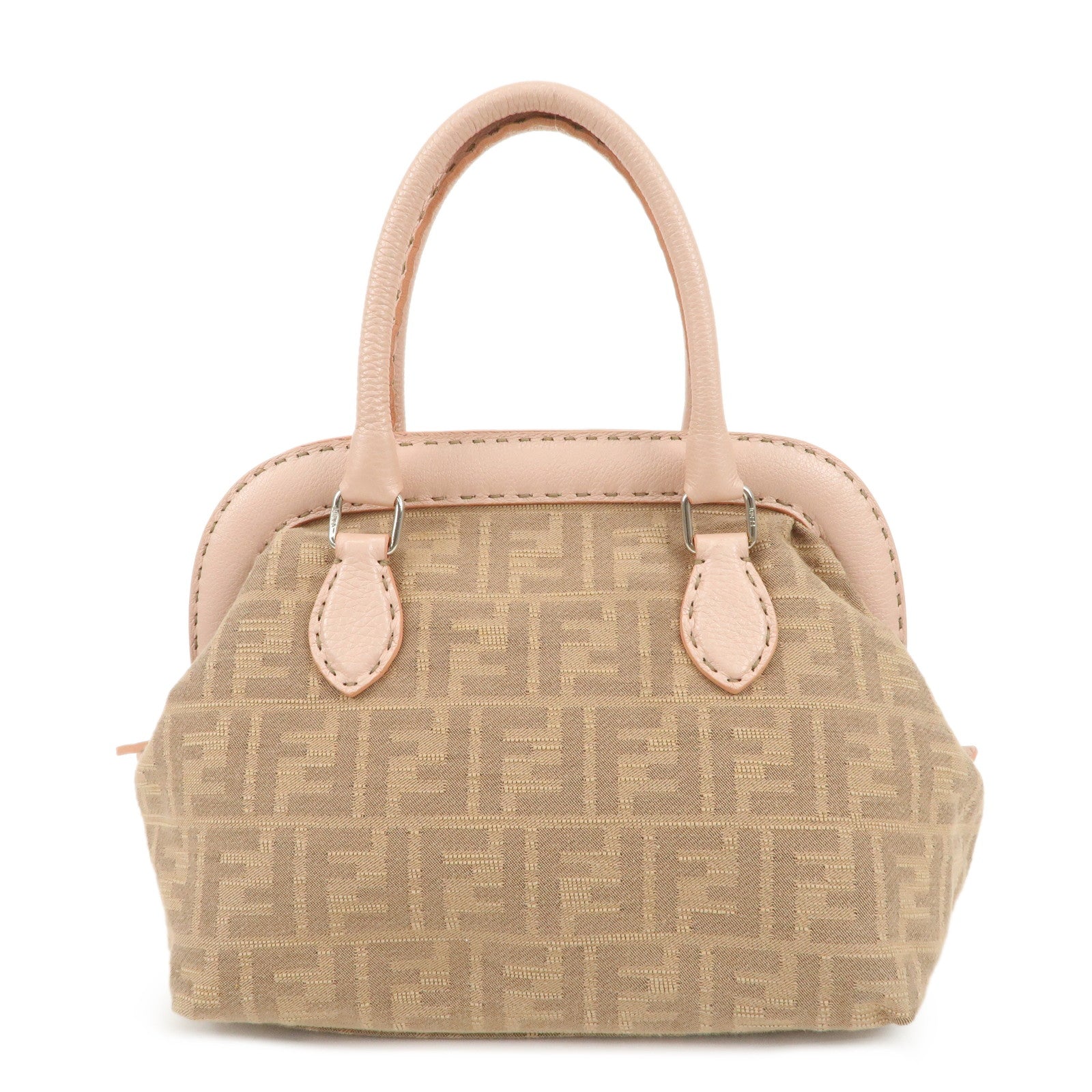 FENDI-Zucca-Selleria-Canvas-Leather-Hand-Bag-Beige-Pink-8BN123