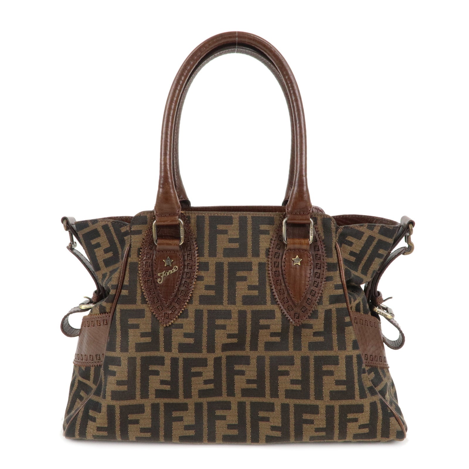 FENDI-Ethnico-Zucca-Canvas-Leather-Shoulder-Bag-Brown-8BN157