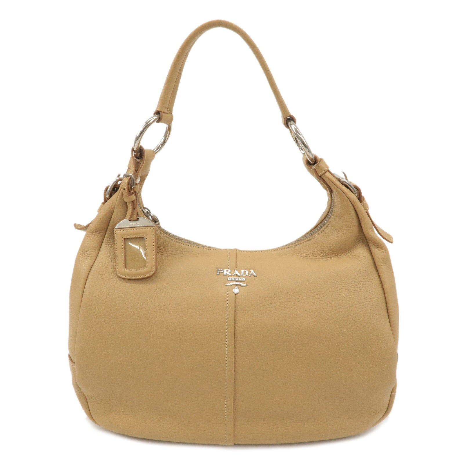 PRADA Logo Leather One Shoulder Bag Hand Bag Beige BR4373