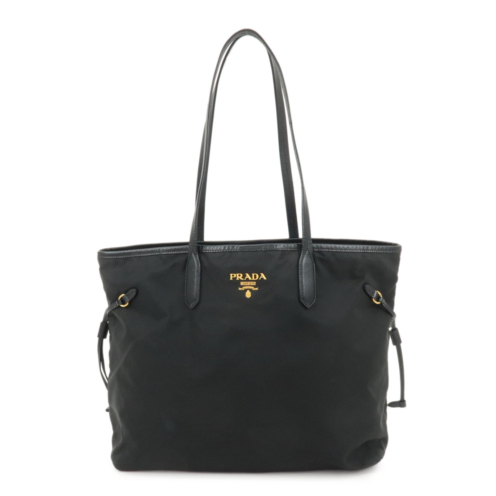 PRADA-Nylon-Leather-Tote-Bag-Shoulder-Bag-Black