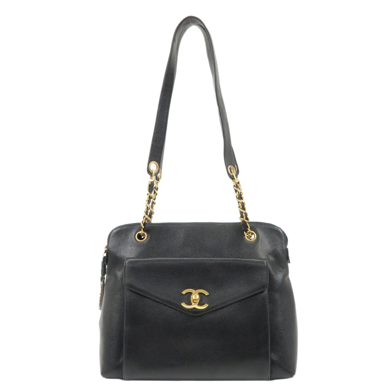 CHANEL-Caviar-Skin-Chain-Tote-Bag-Shoulder-Black-Gold-HDW