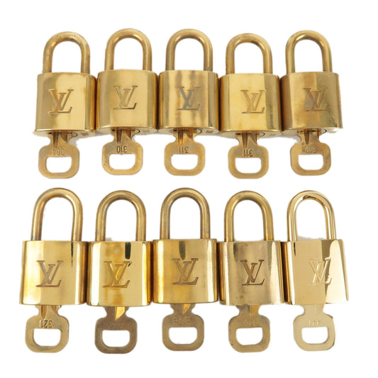 Louis-Vuitton-Set-of-10-Lock-&-Key-Cadena-Key-Lock-Gold