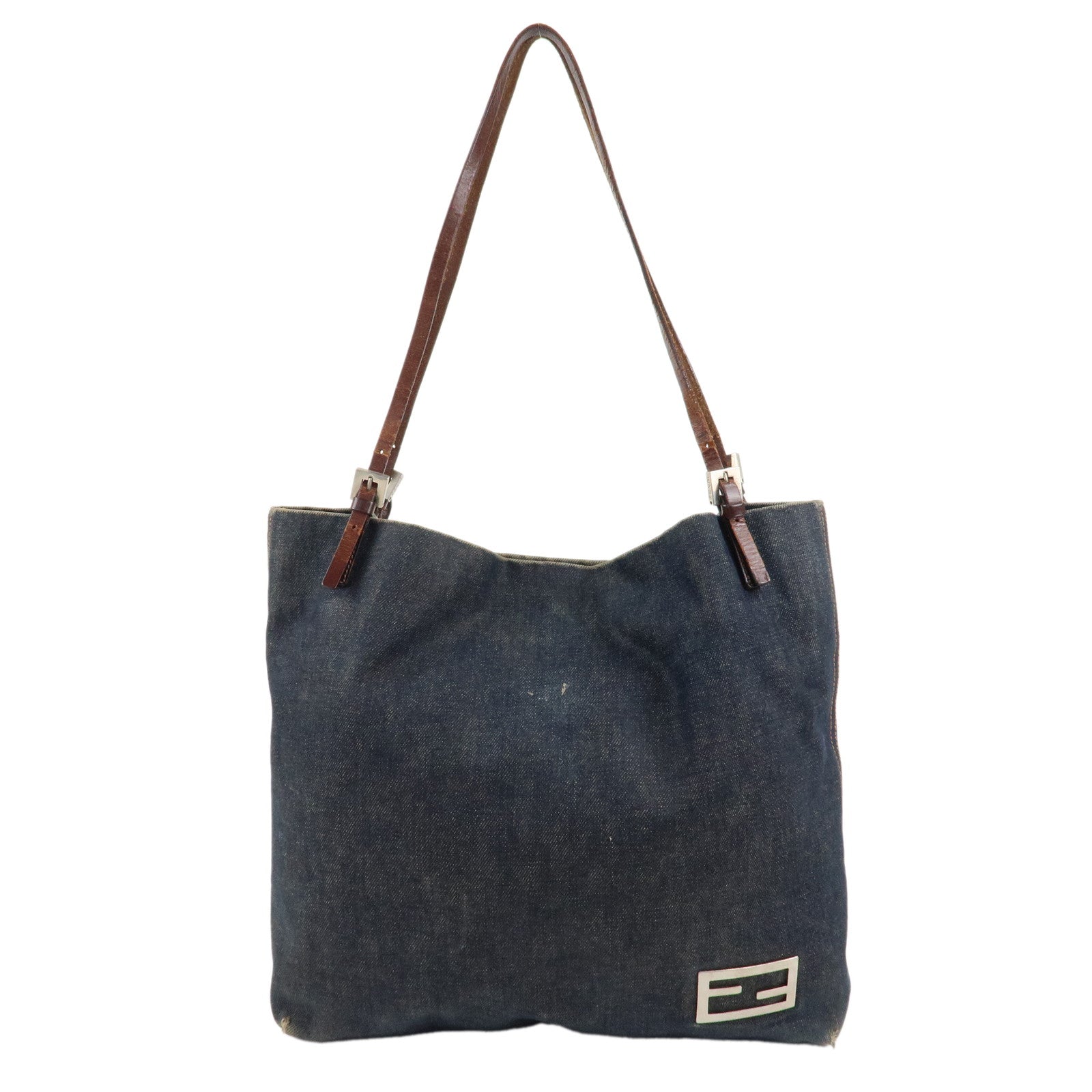 FENDI-Denim-Leather-Tote-Bag-Shoulder-Bag-Navy-Brown-26633