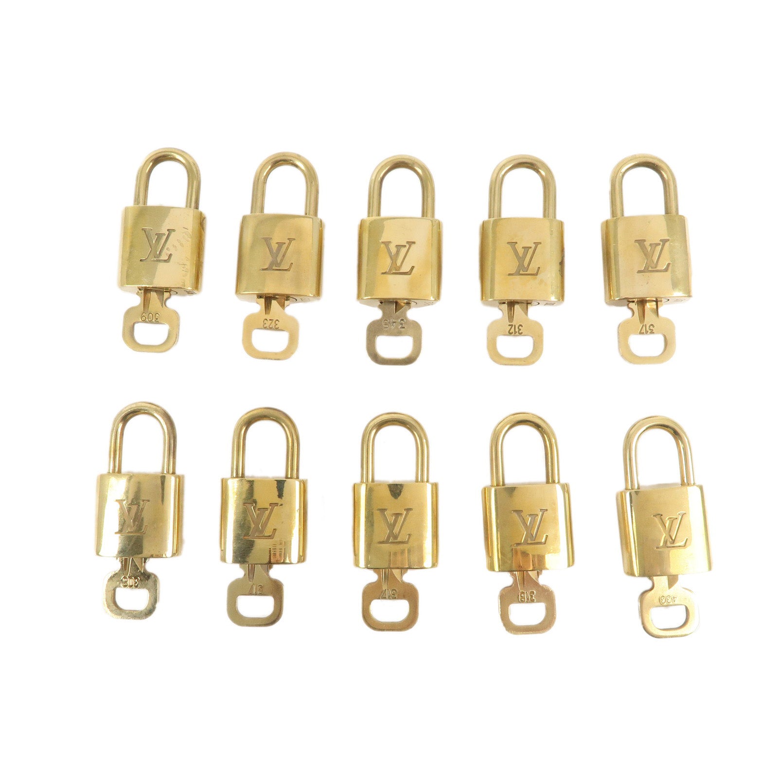 Louis-Vuitton-Set-of-10-Lock-&-Key-Cadena-Key-Lock-Gold