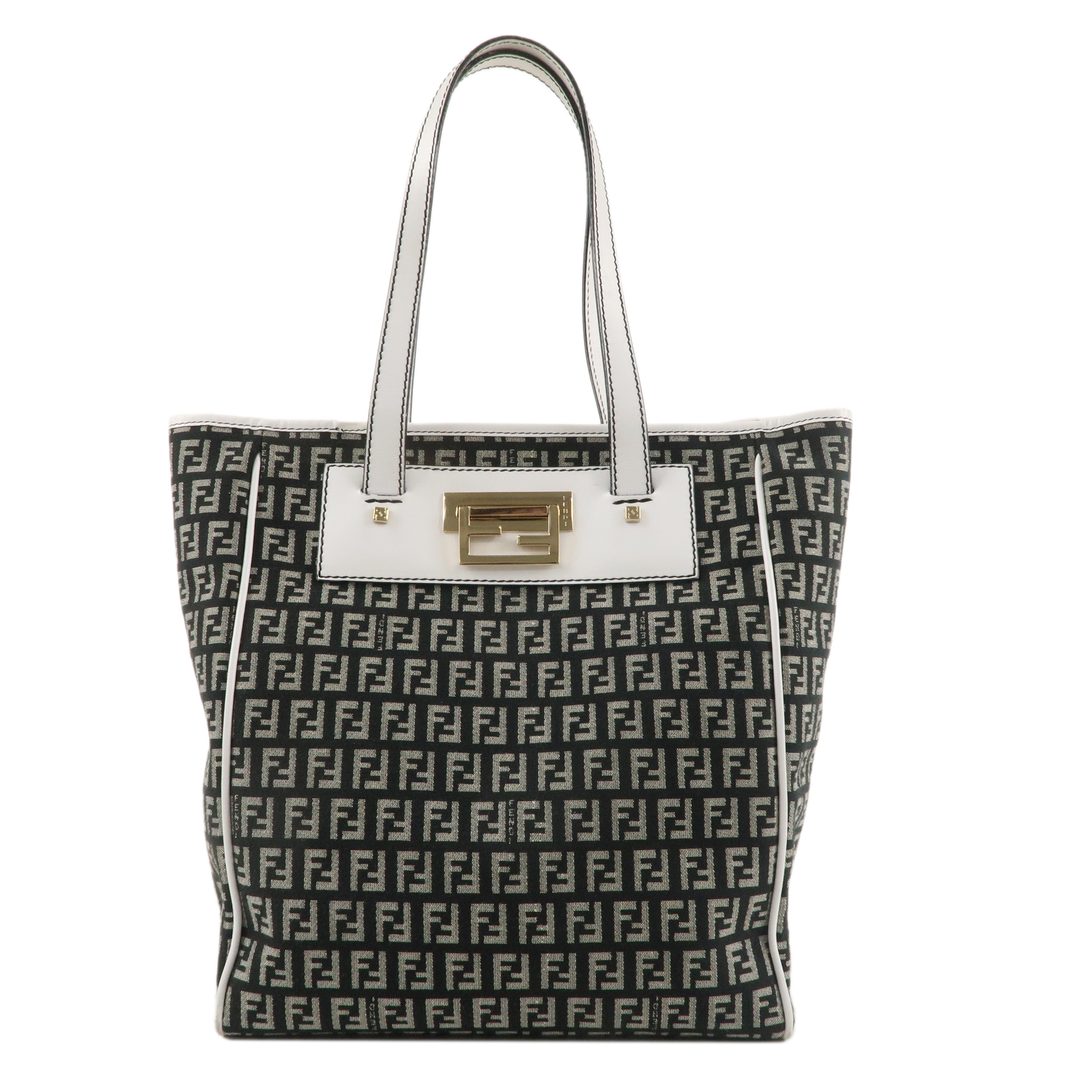 FENDI-Zucca-Canvas-Leather-Tote-Hand-Bag-Black-White-8BH174