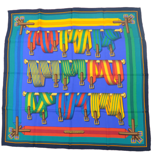 HERMES-Carre-90-100%-Silk-Scarf-Les-Sangles-Blue-Green-Yellow-Red