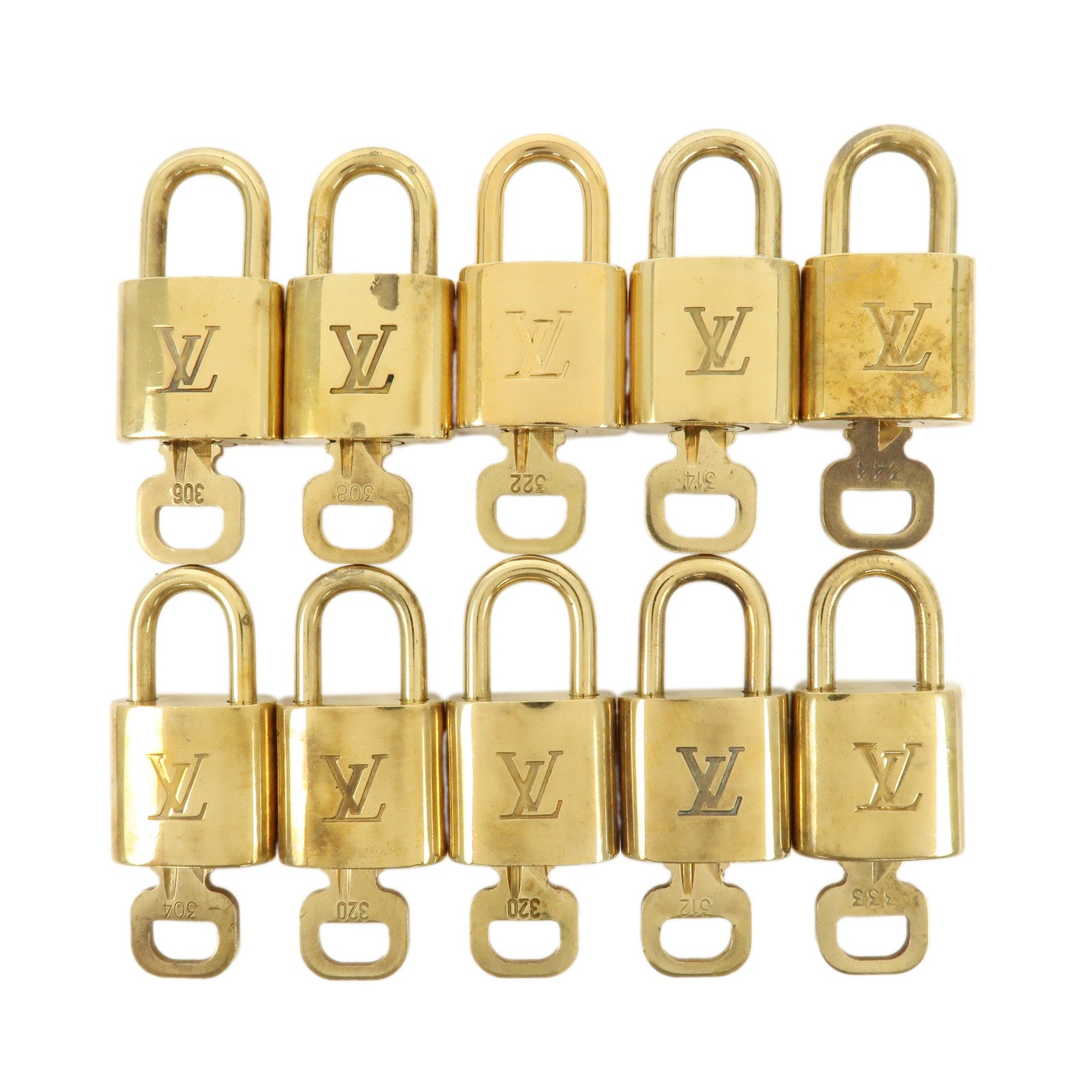 Louis-Vuitton-Set-of-10-Lock-&-Key-Cadena-Key-Lock-Gold