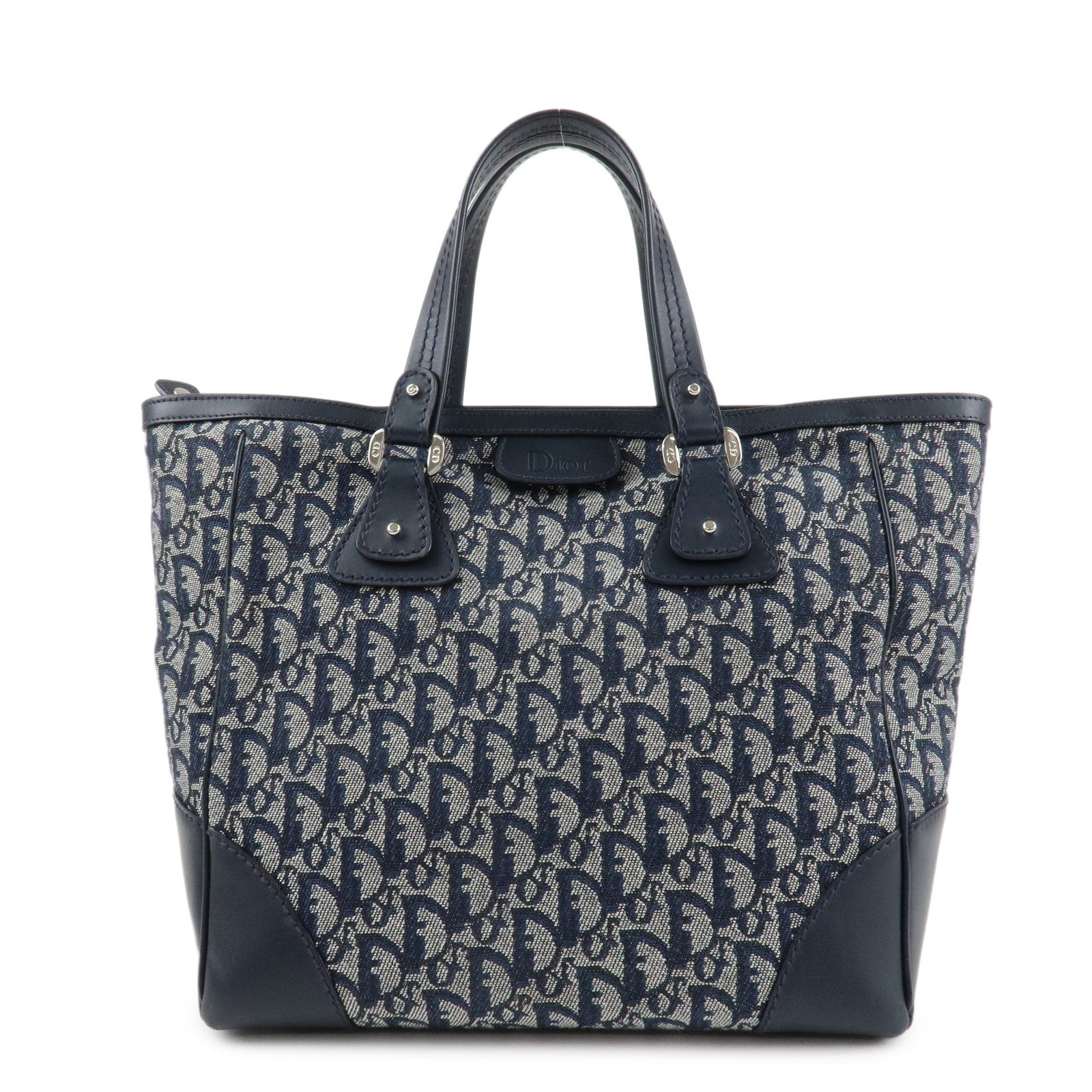 Christian-Dior-Trotter-Canvas-Leather-Tote-Bag-Hand-Bag-Navy-White