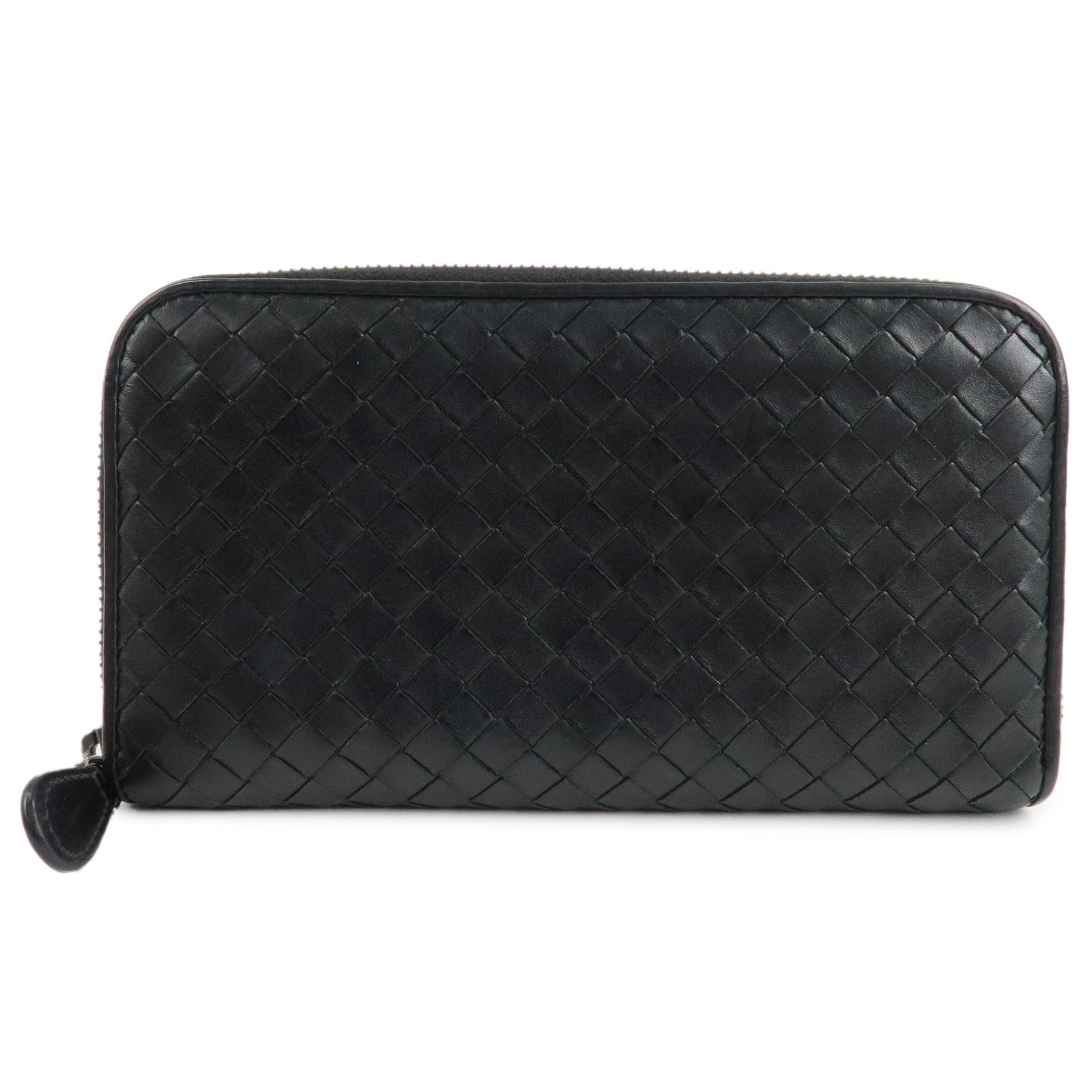 BOTTEGA-VENETA-Intrecciato-Leather-Round-Zipper-Wallet-Black