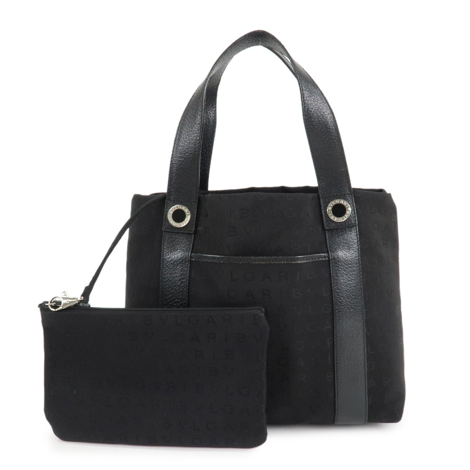 BVLGARI-Logo-Mania-Canvas-Leather-Hand-Bag-Tote-Bag-Black