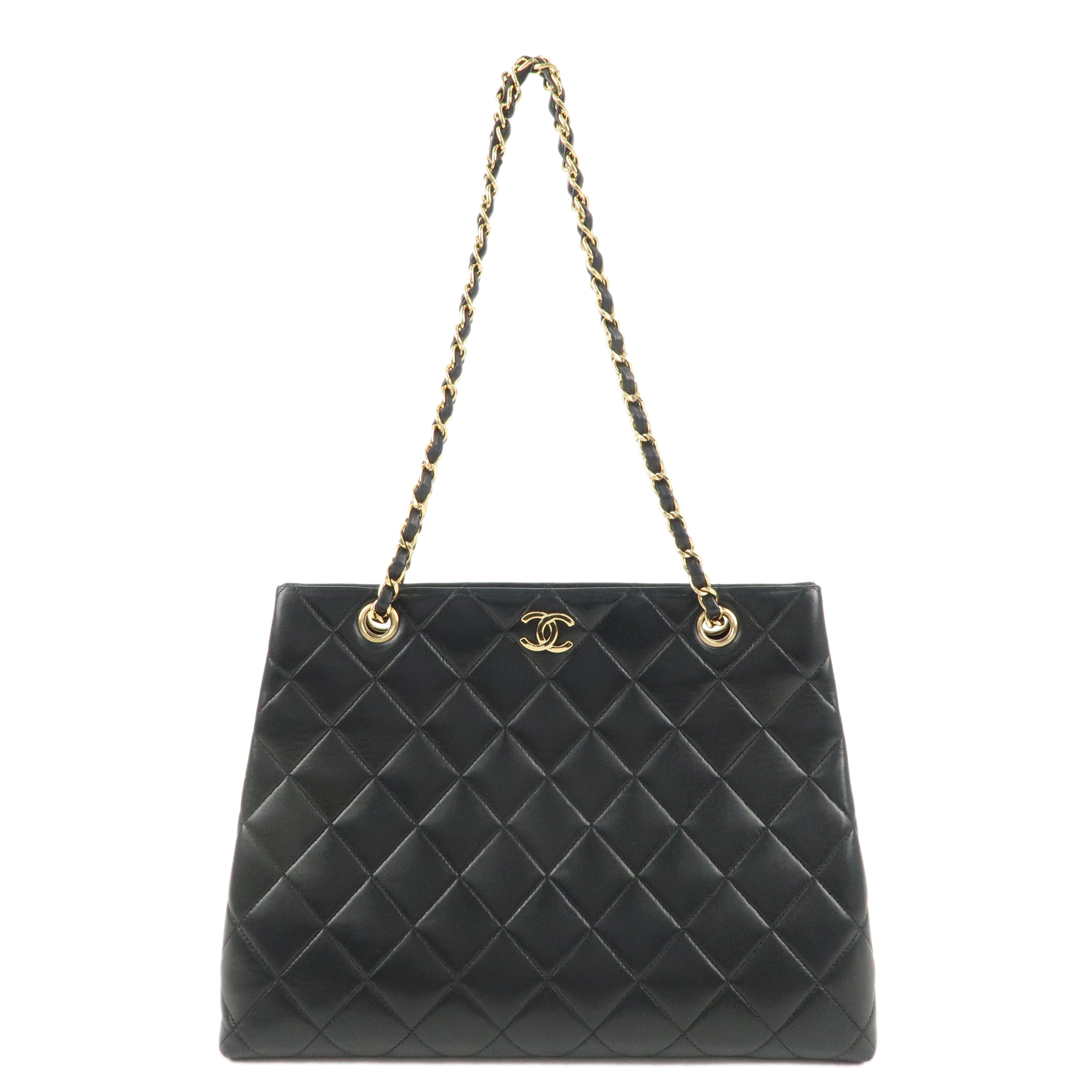 CHANEL Matelasse Lamb Skin Chain Tote Bag Hand Bag Black Gold